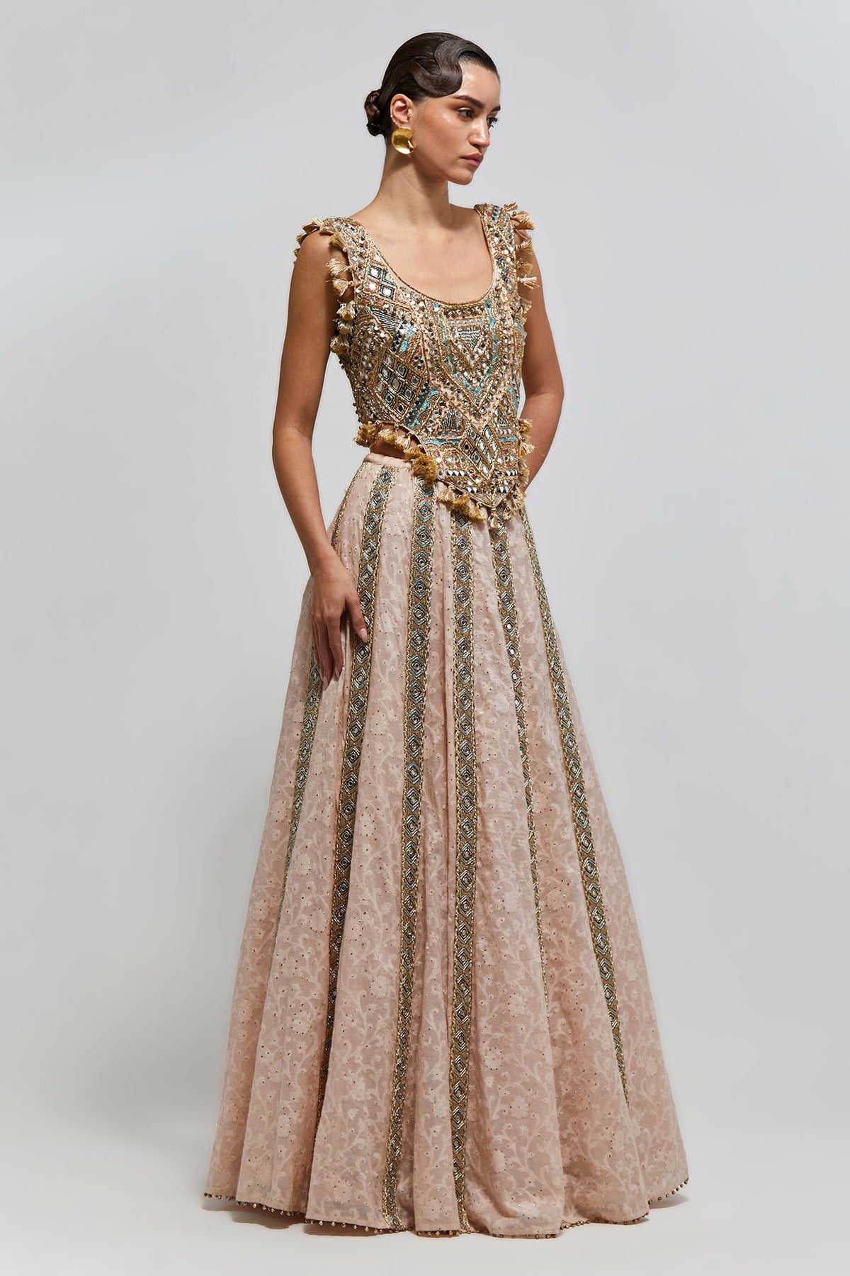 Mehrsa Blush Pink Georgette Half Back Covered Embroidered Choli And Katarwa Lehenga