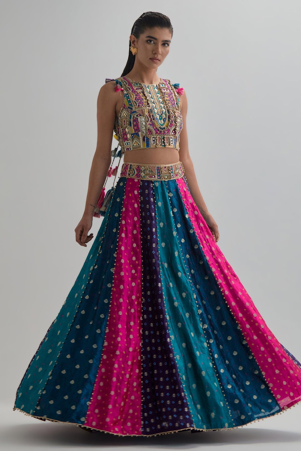 Resa Gold Tissue Embroidered Choli And Multi Colour Bandhani Lehengha