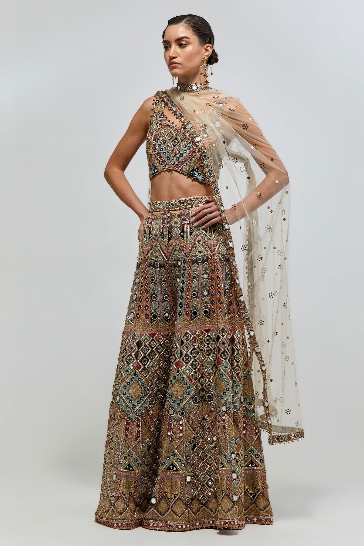 Fariha Champagne Georgette Embroidered Choli With Sharara And Mukaish Net Dupatta