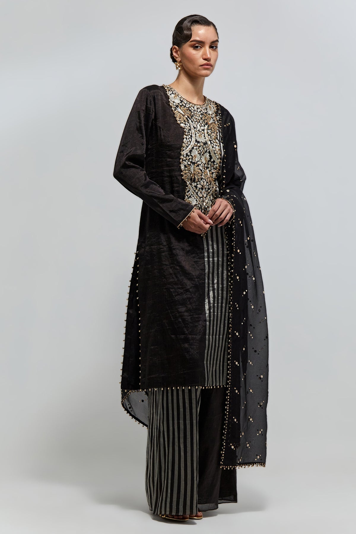 Sabil Black Stripe Tissue Embroidered Kurta With Palazzo And Mukaish Organza Dupatta