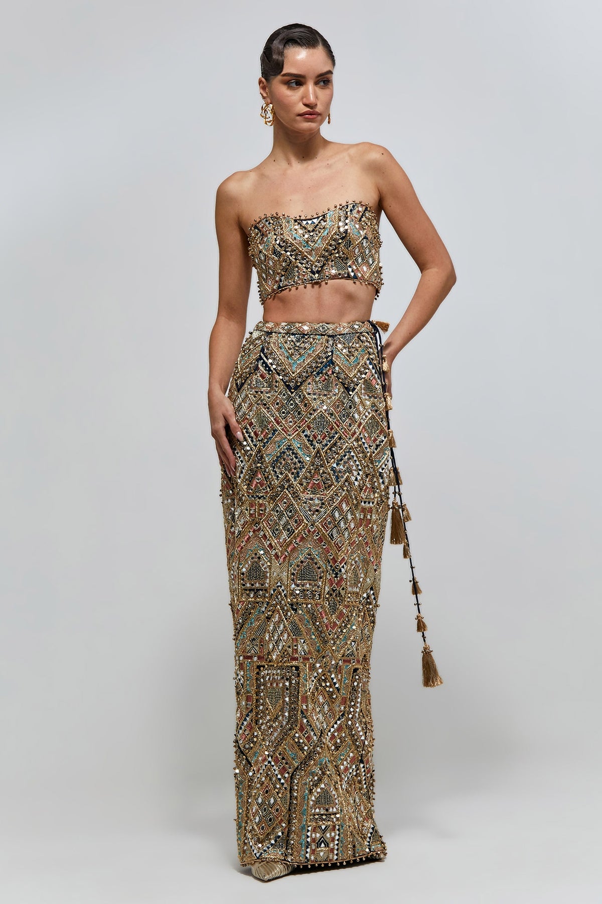 Shahira Navy Blue Georgette Embroidered Bustier And Straight Skirt