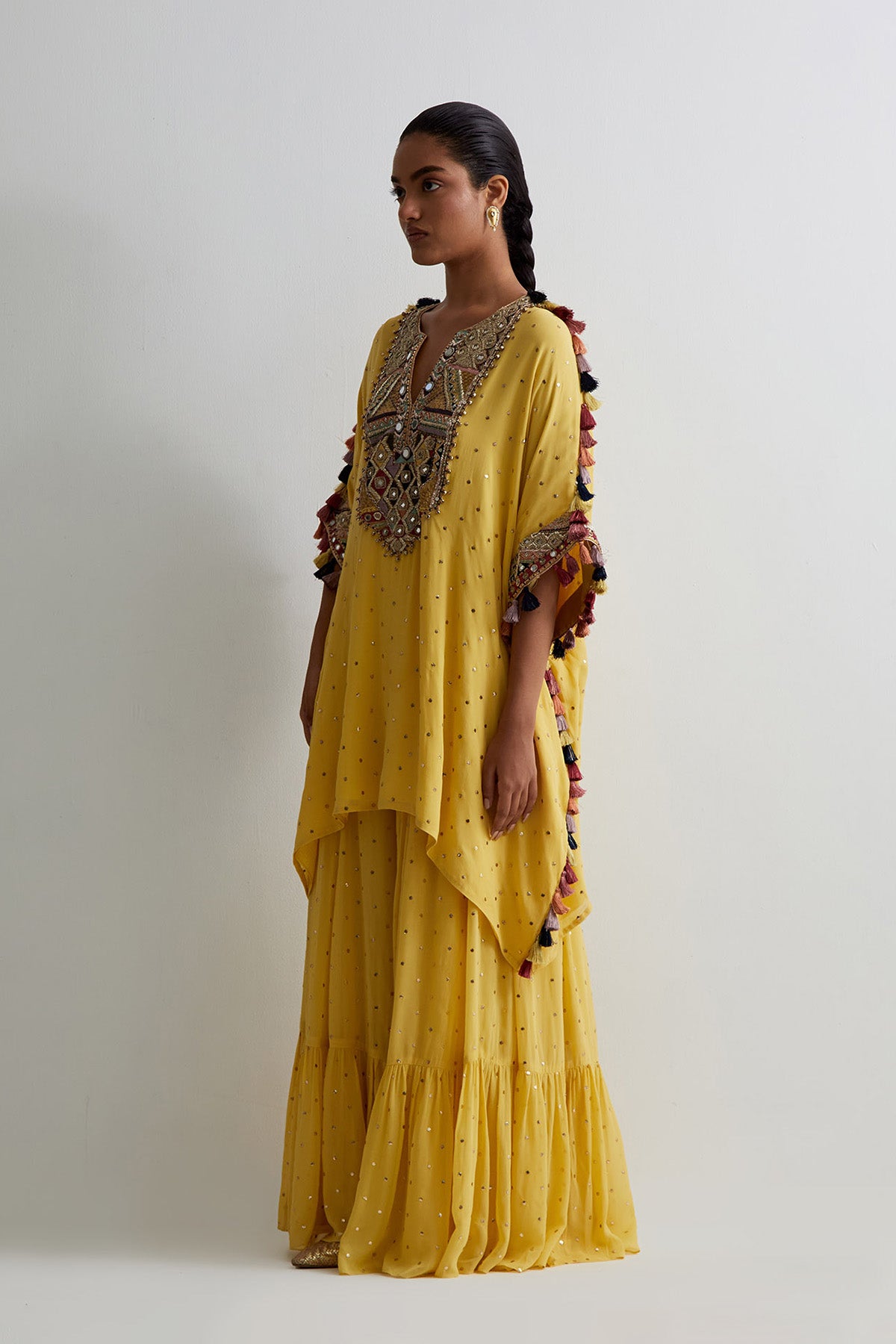 Yellow Embroidered Kaftan And Frill Sharara