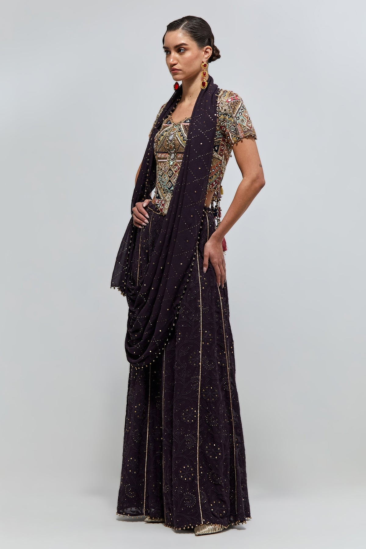 Azar Dark Purple Georgette Embroidered Choli And Sharara With Attached Pallu