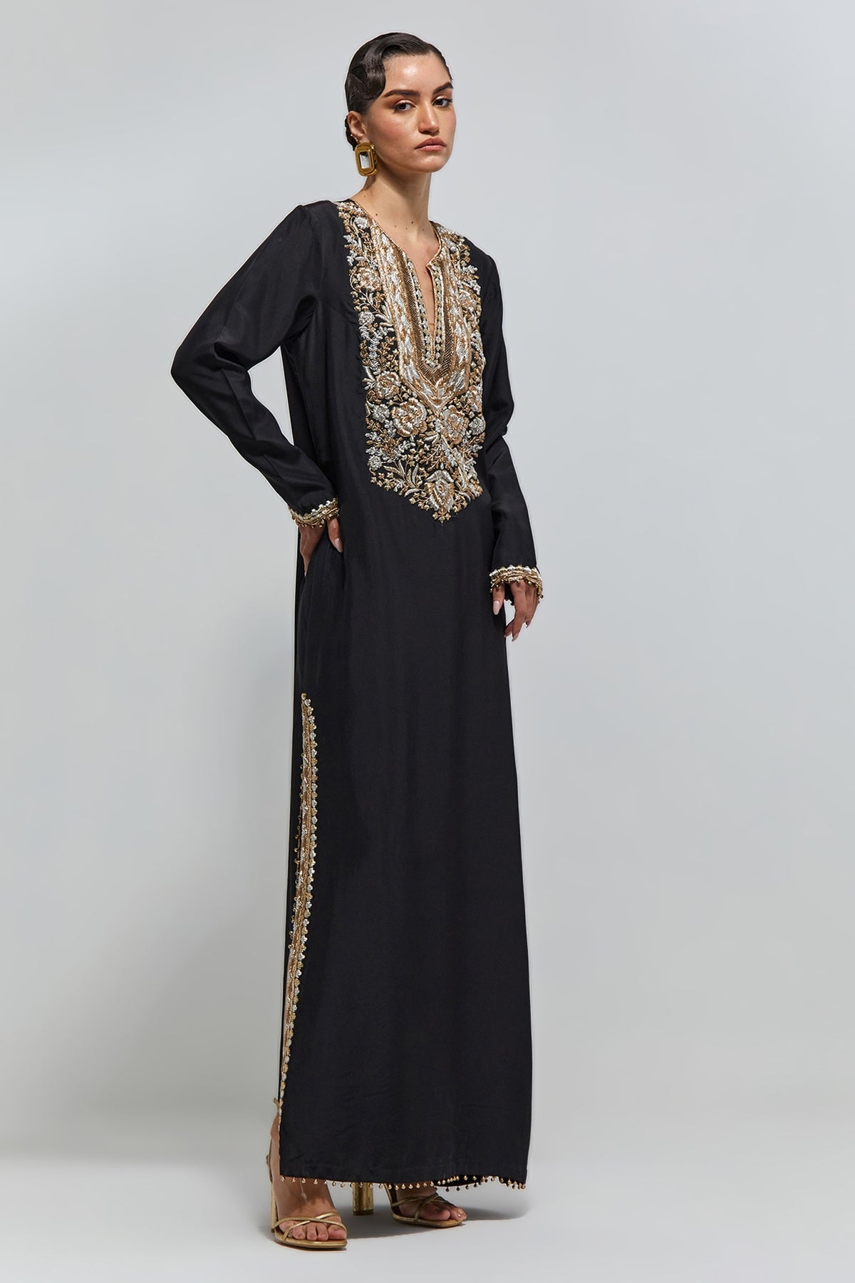 Nazra Black Abutai Silk Embroidered Yoke Beyza Kaftan