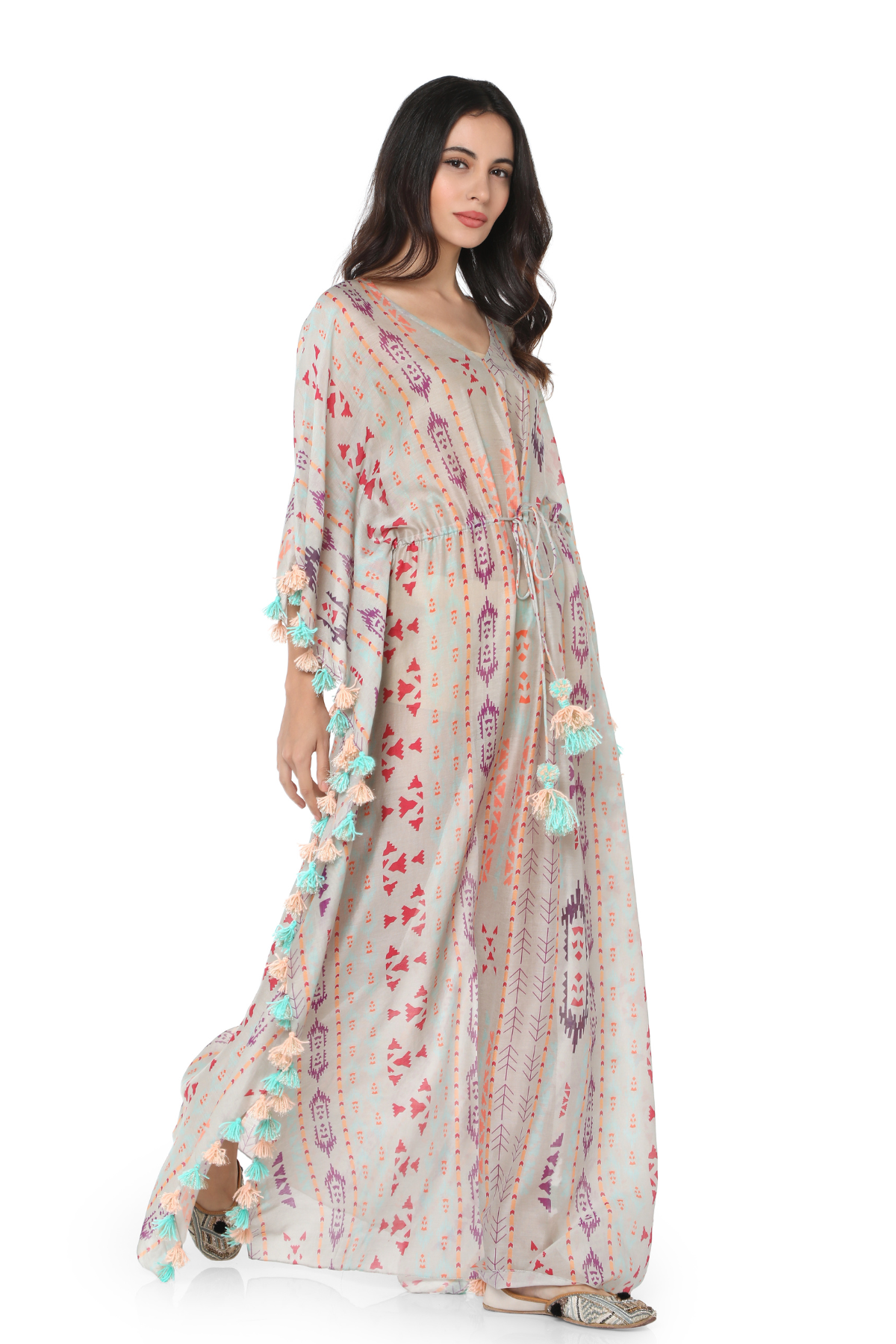 Grey Colour Printed Silkmul Kaftan