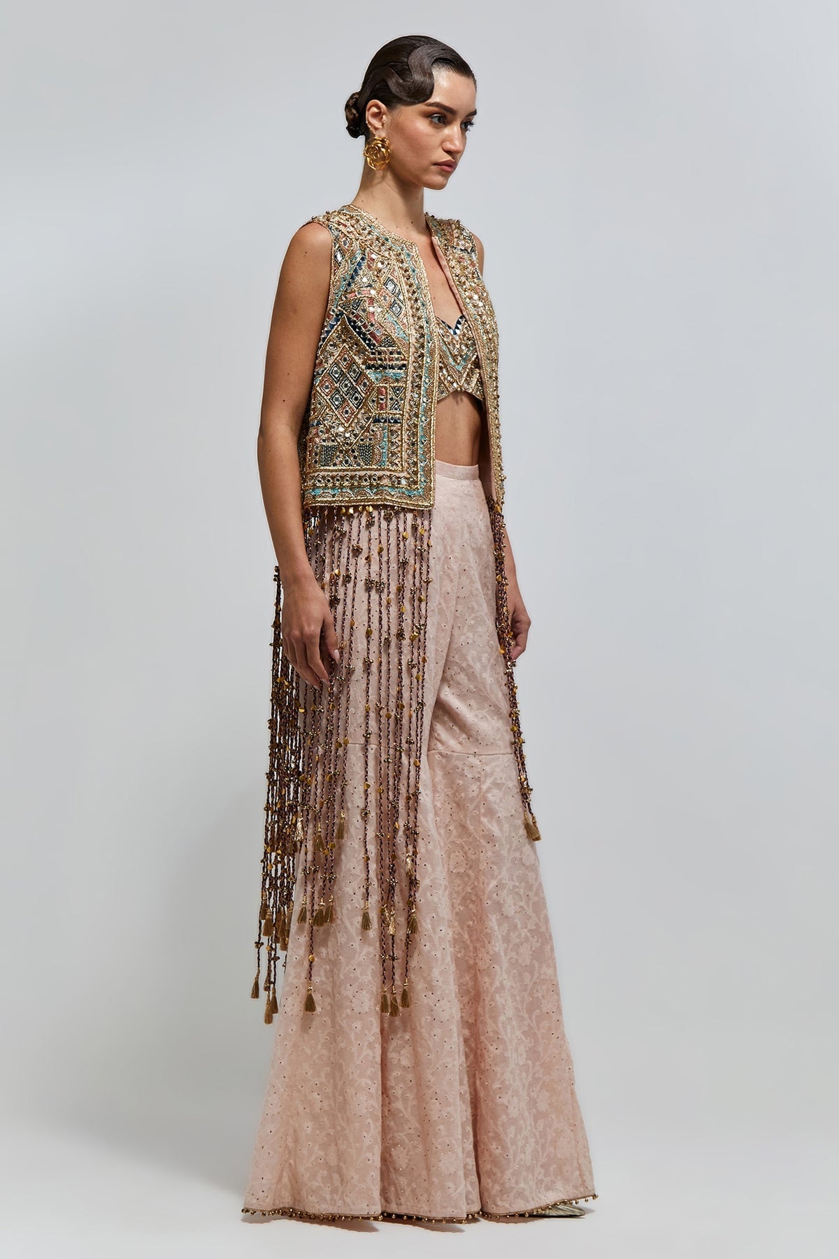 Raha Blush Pink Georgette Embroidered Jacket With Bustier And Katarwa Sharara