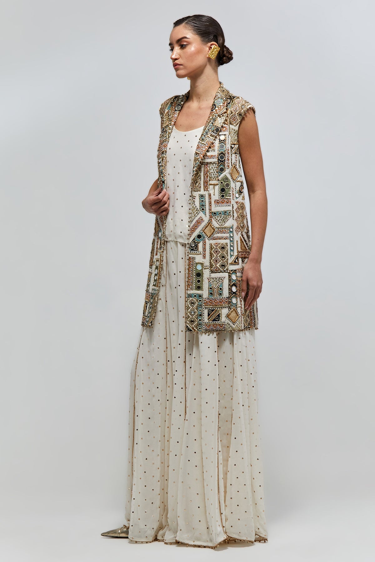 Asaar Off-White Georgette Embroidered Jacket With Mukaish Georgette Camisole And Sharara