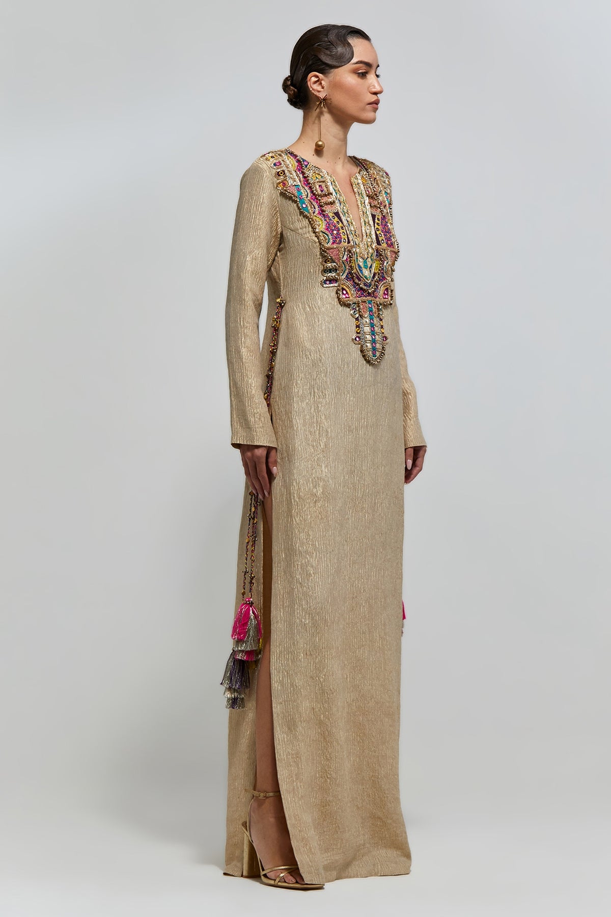 Nouriya Gold Crushed Tissue Embroidered Yoke Beyza Kaftan