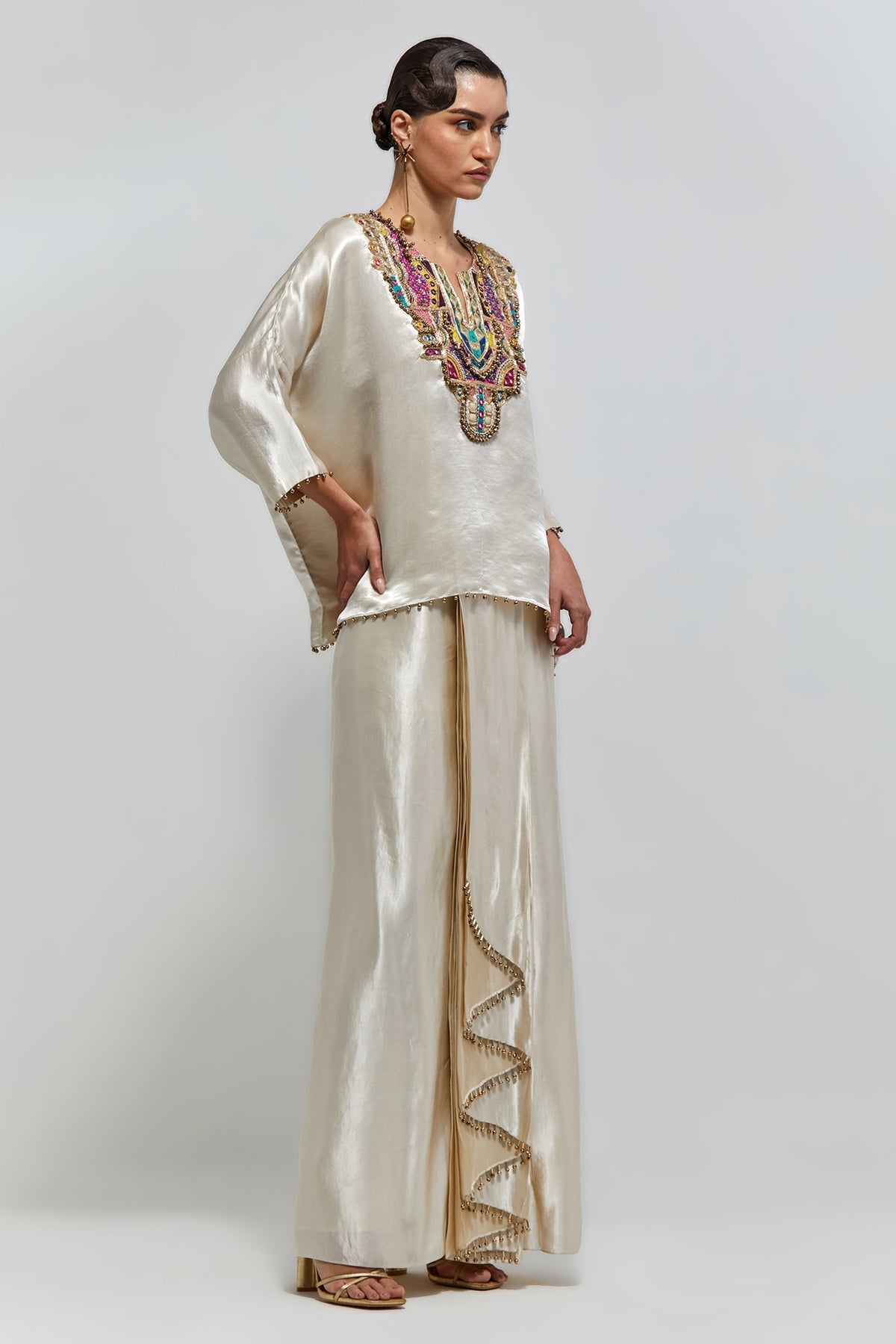 Taraz Champagne Modal Satin Embroidered Yoke Top And Lungi Skirt