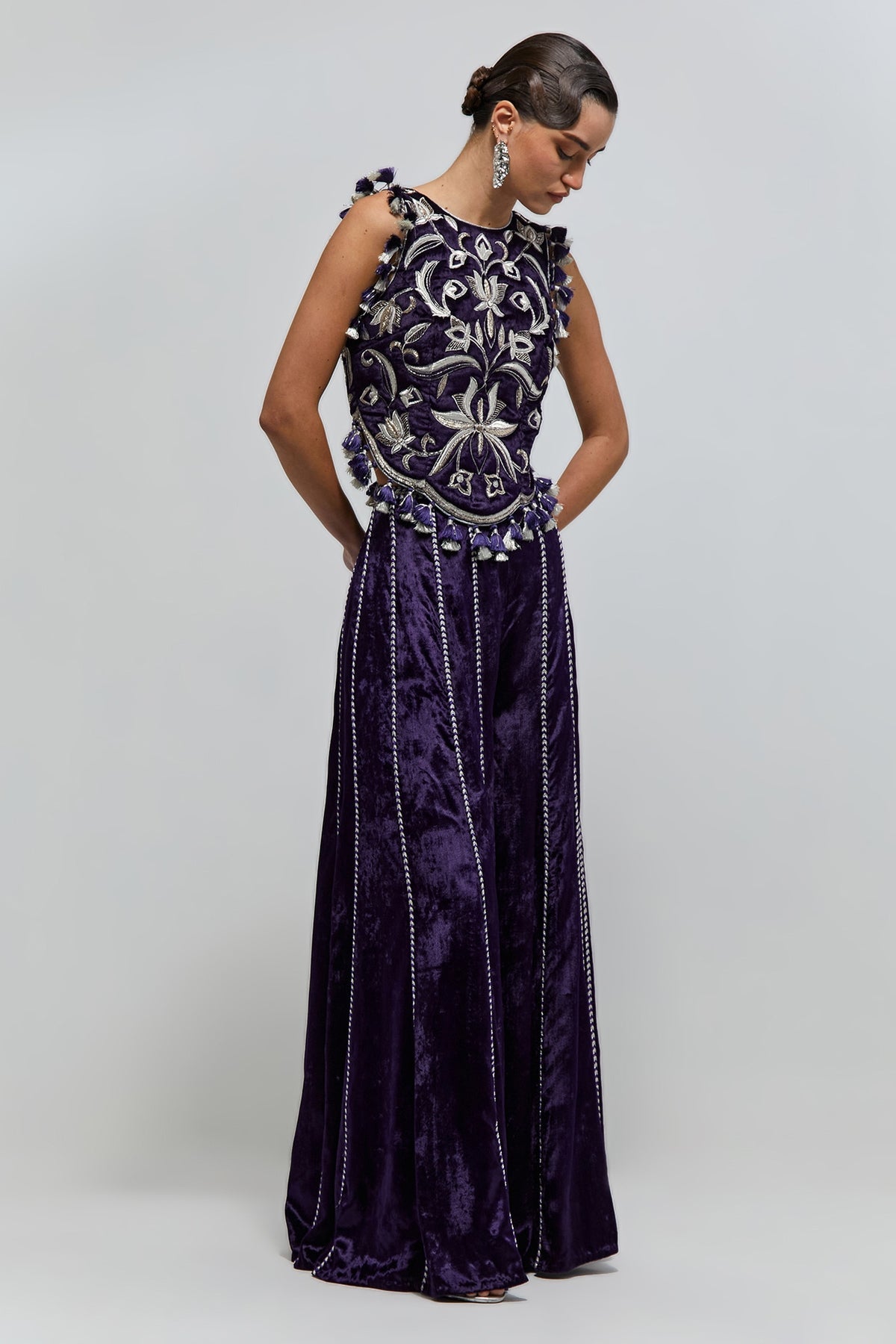 Zayn Purple Velvet Quilted Half Back Covered Embroidered Choli And Sharara