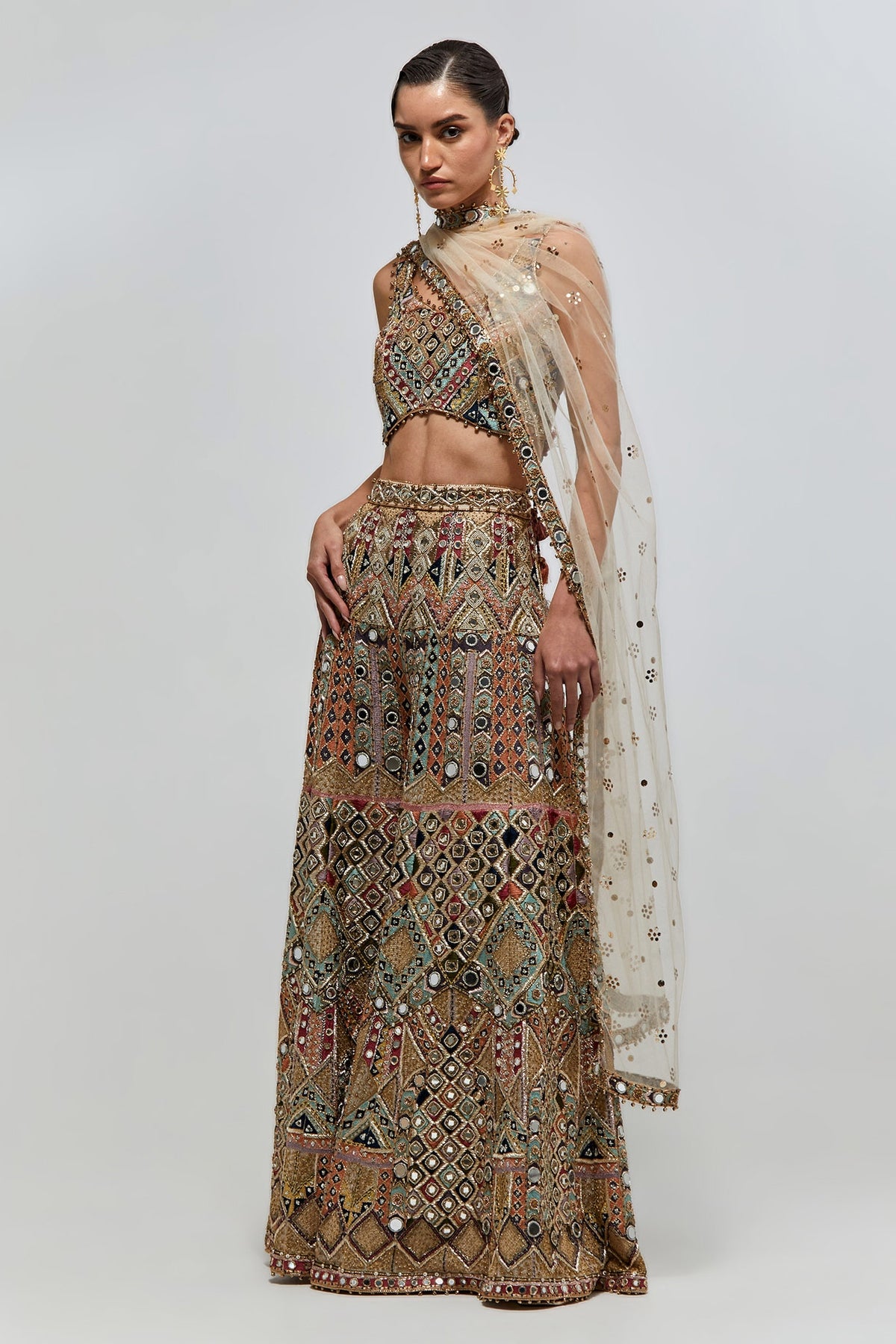 Fariha Champagne Georgette Embroidered Choli With Sharara And Mukaish Net Dupatta