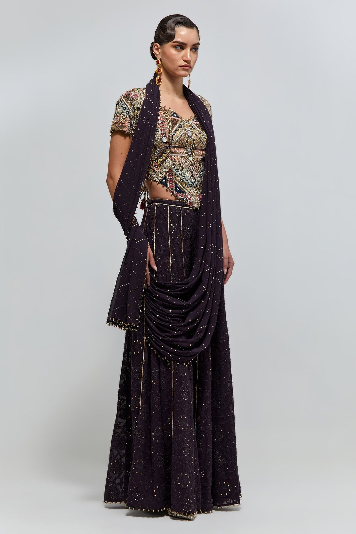 Azar Dark Purple Georgette Embroidered Choli And Sharara With Attached Pallu