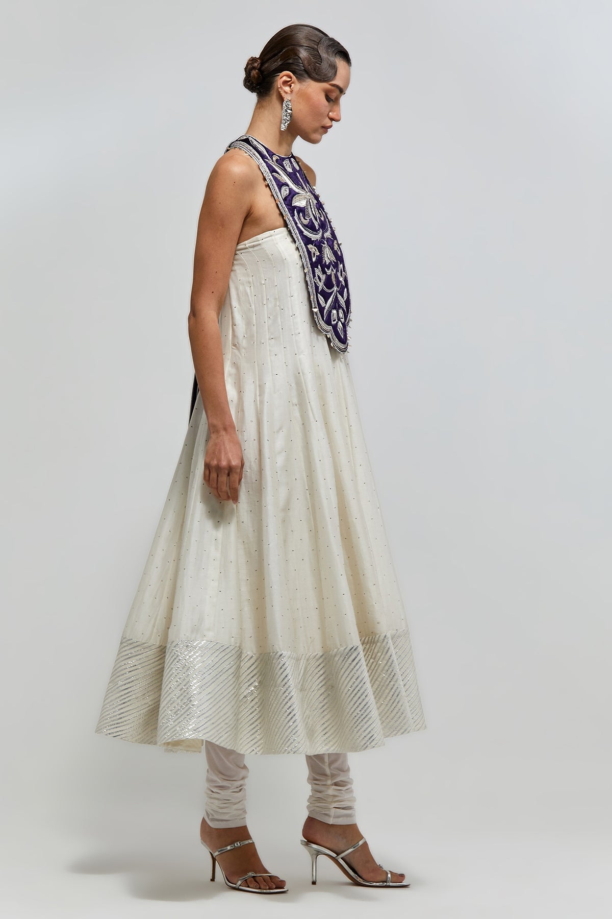 Itra Purple Embroidered Quilted Detachable Necklace With Off-White Anarkali And Soft Net Churidar