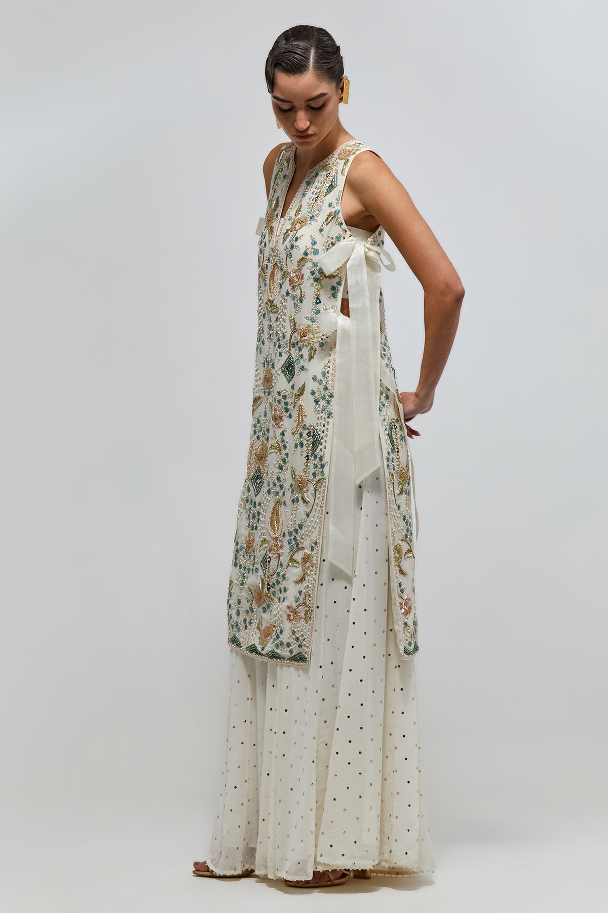 Azra Off-White Georgette Embroidered Side Tie Kurta With Bustier And Sharara