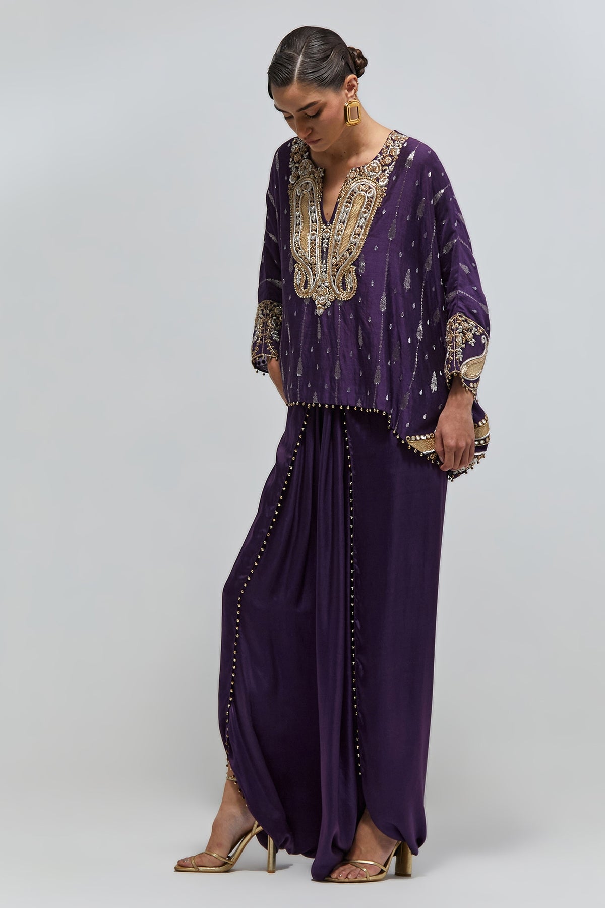 Zaya Purple Chiniya Silk Embroidered Top And Dhoti Skirt