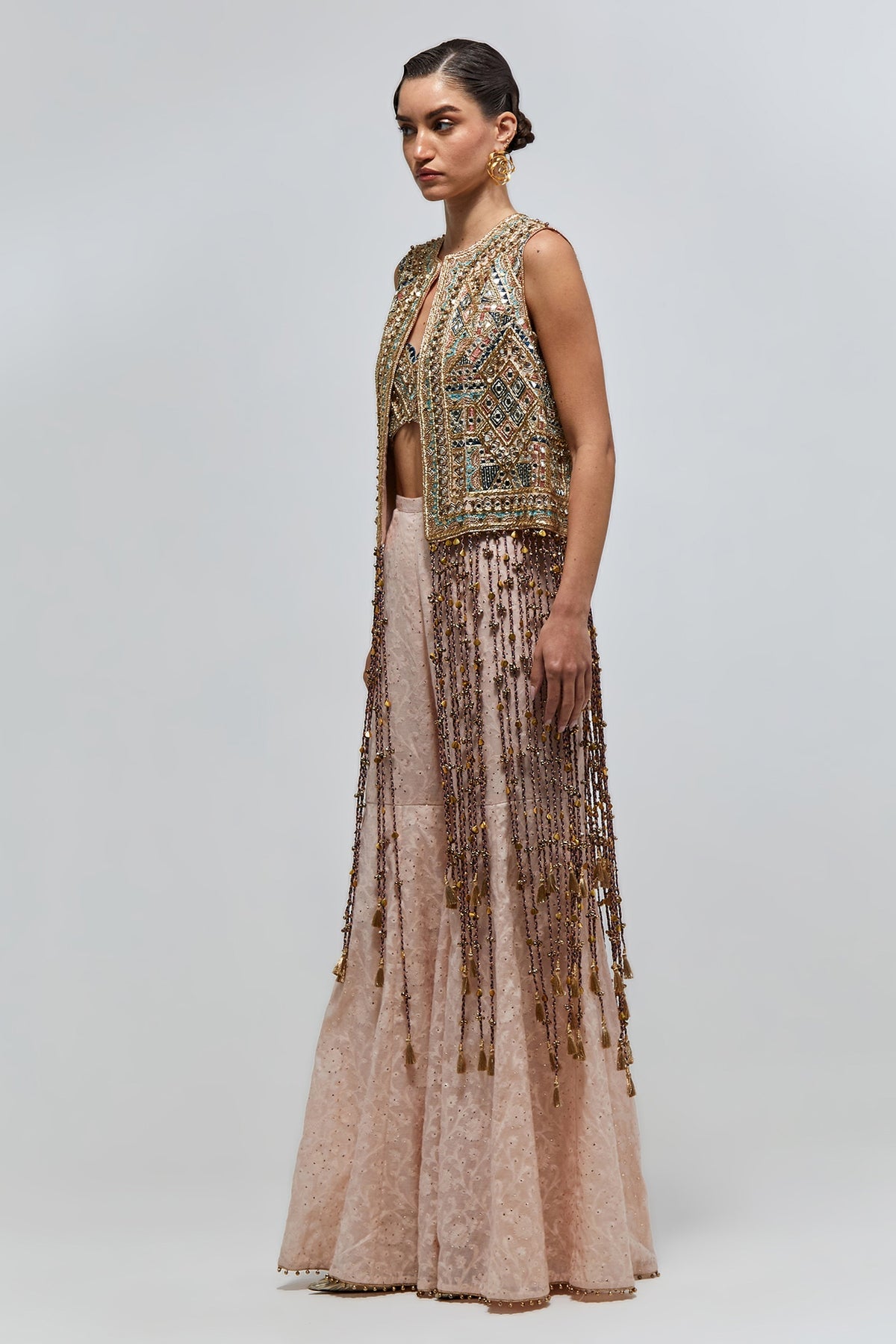 Raha Blush Pink Georgette Embroidered Jacket With Bustier And Katarwa Sharara