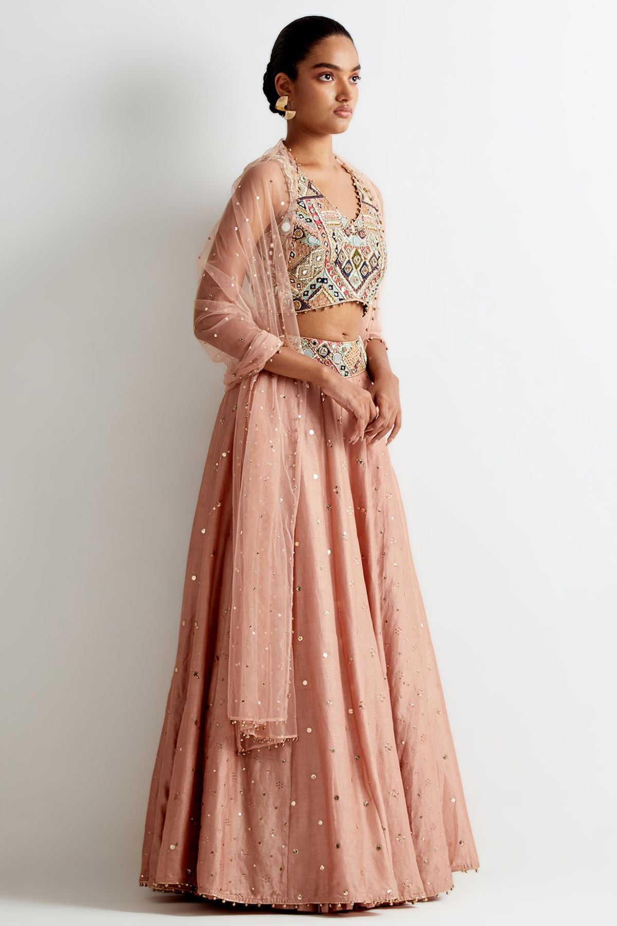 Mahnaz Peachy Pink Georgette Embroidered Choli With Lehenga And Mukaish Net Dupatta