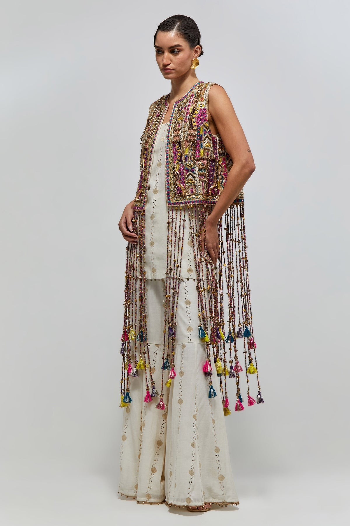 Kashish Off-White Georgette Embroidered Jacket With Short Kurta And Sharara