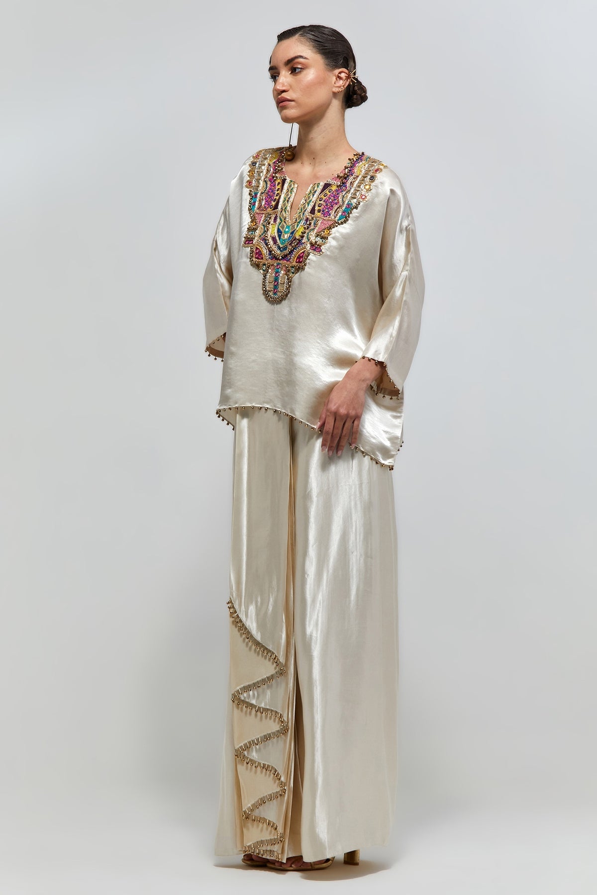 Taraz Champagne Satin Embroidered Yoke Top And Lungi Skirt