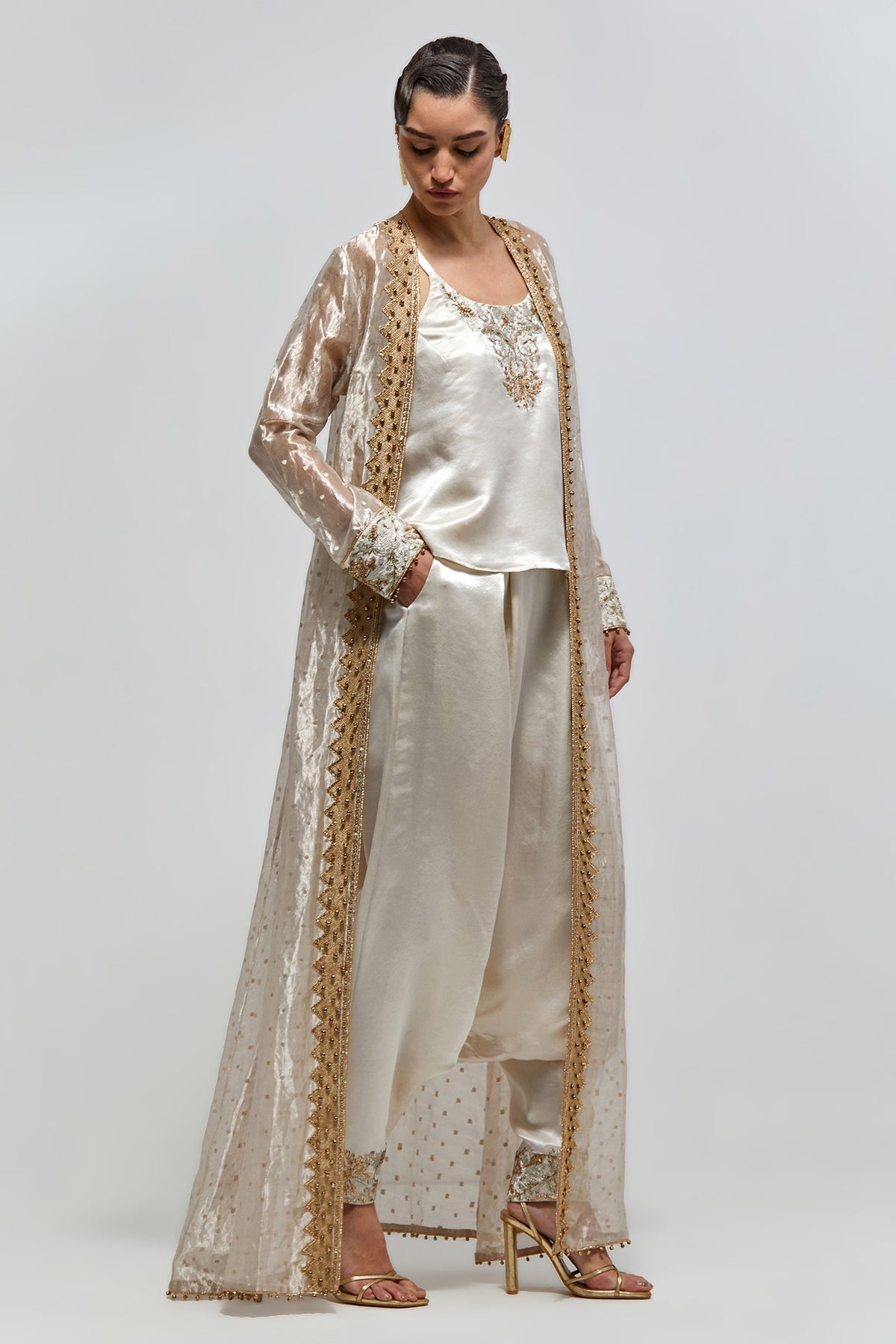 Haya Silver Butti Organza Embroidered Cape With Top And Low Crotch Pants