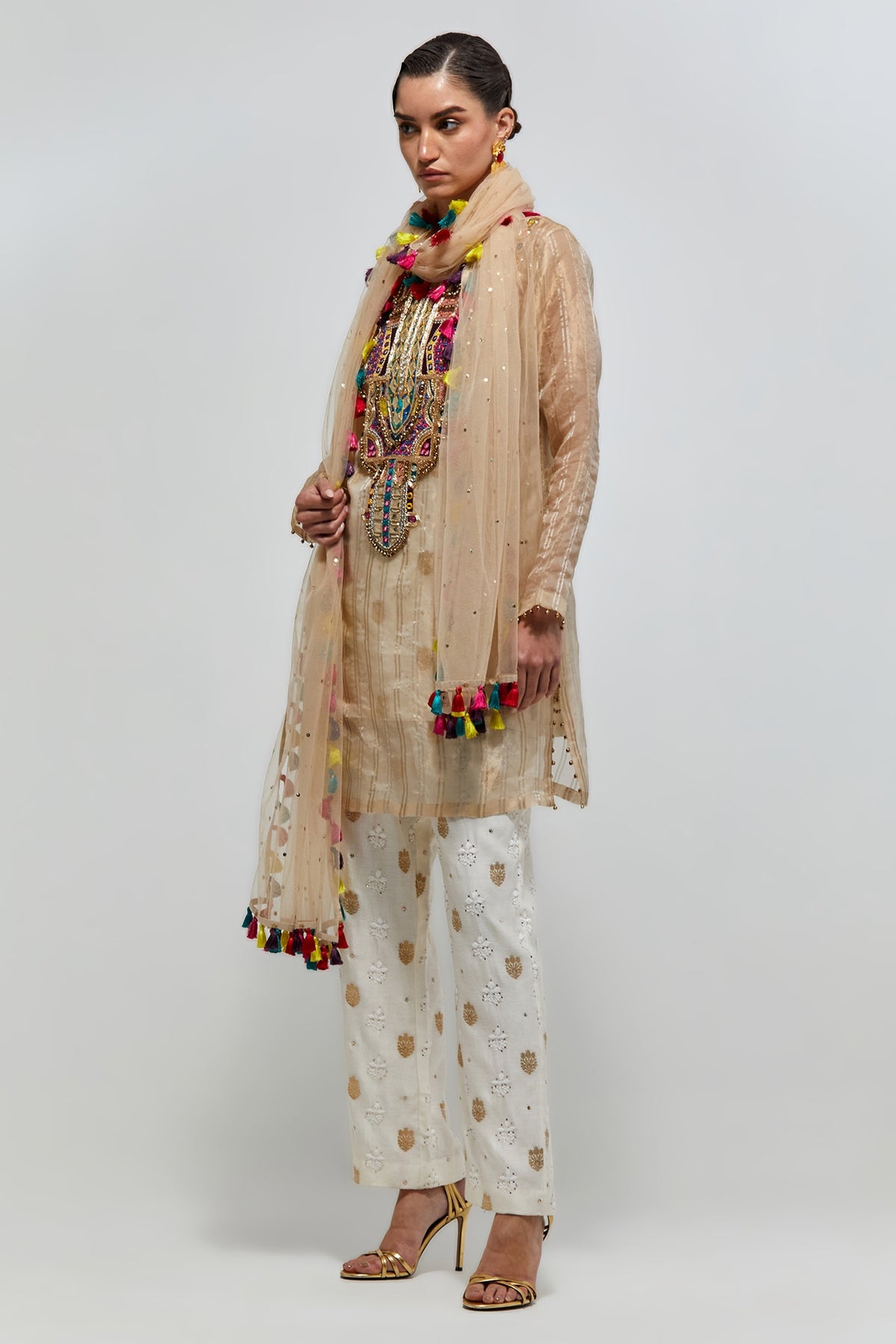 Zarif Gold Stripe Tissue Embroidered Yoke Kurta With Off-White Bustier With Palazzo And Mukaish Net Dupatta