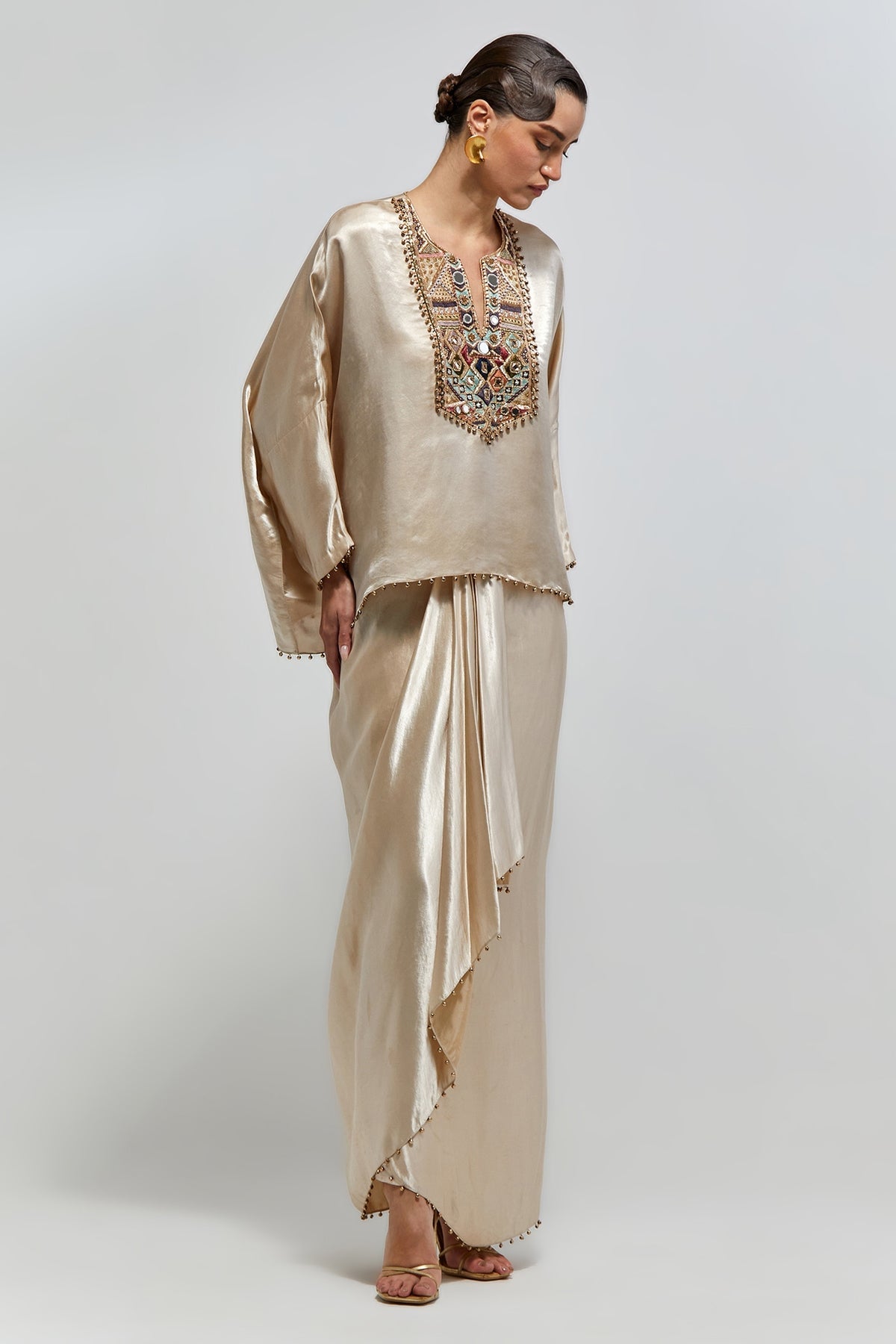 Risa Champagne Modal Satin Embroidered Yoke Top And Lungi Skirt