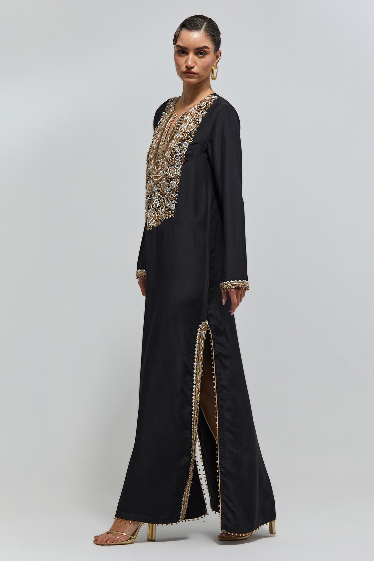 Nazra Black Abutai Silk Embroidered Yoke Beyza Kaftan