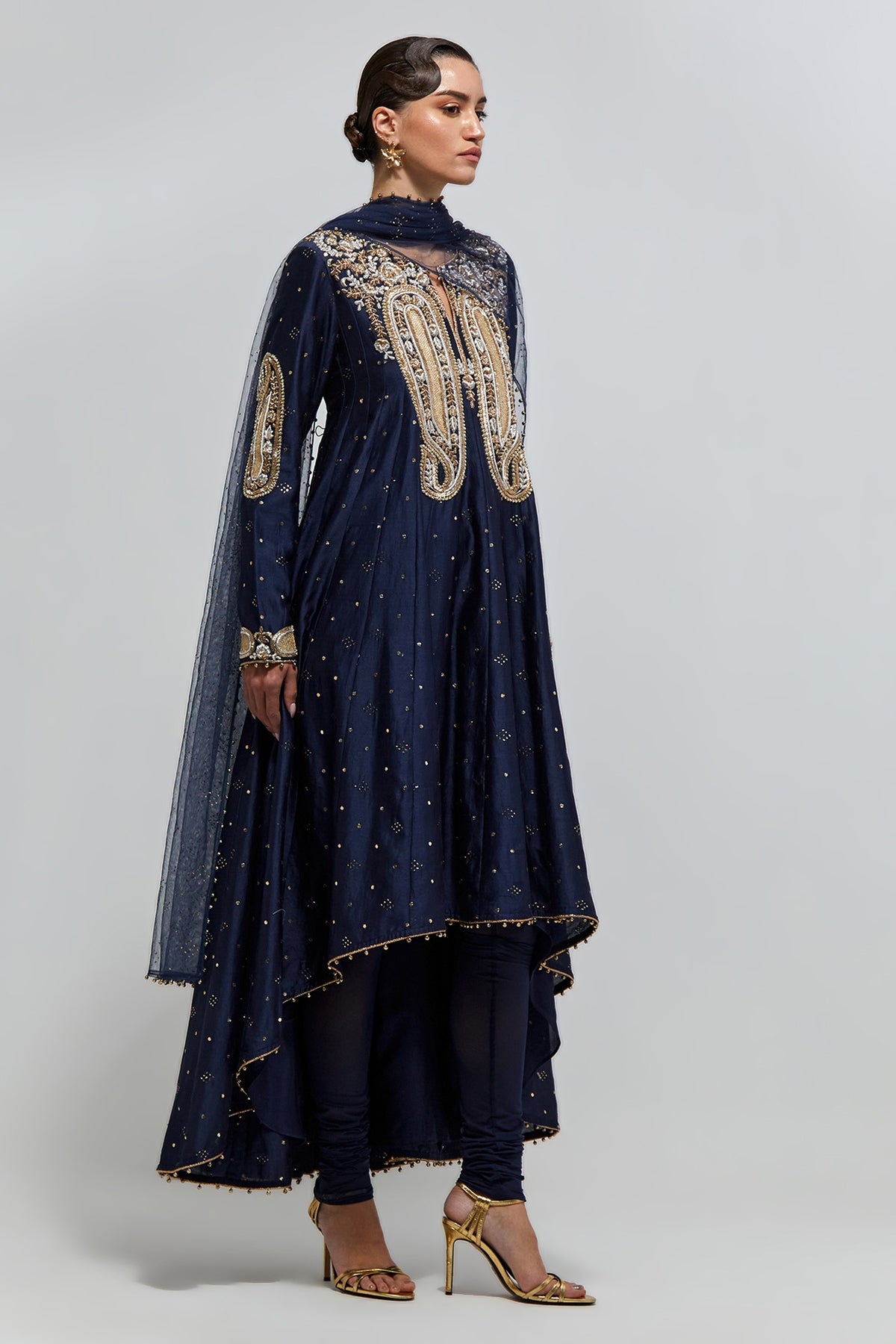 Zareen Navy Blue Mukaish Silkmul Embroidered Anarkali With Churidar And Mukaish Net Dupatta