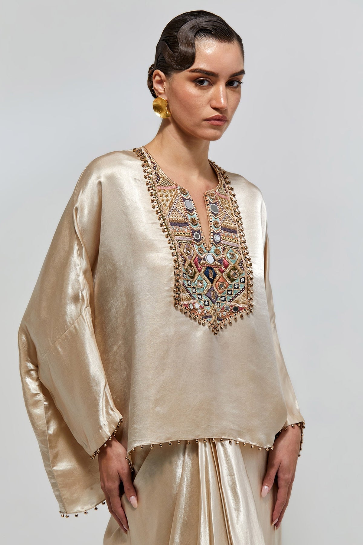 Risa Champagne Modal Satin Embroidered Yoke Top And Lungi Skirt