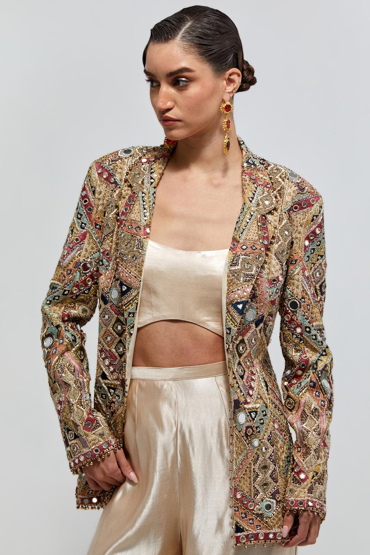 Zeenat Champagne Georgette Embroidered Backless Jacket With Bustier And Balloon Pant