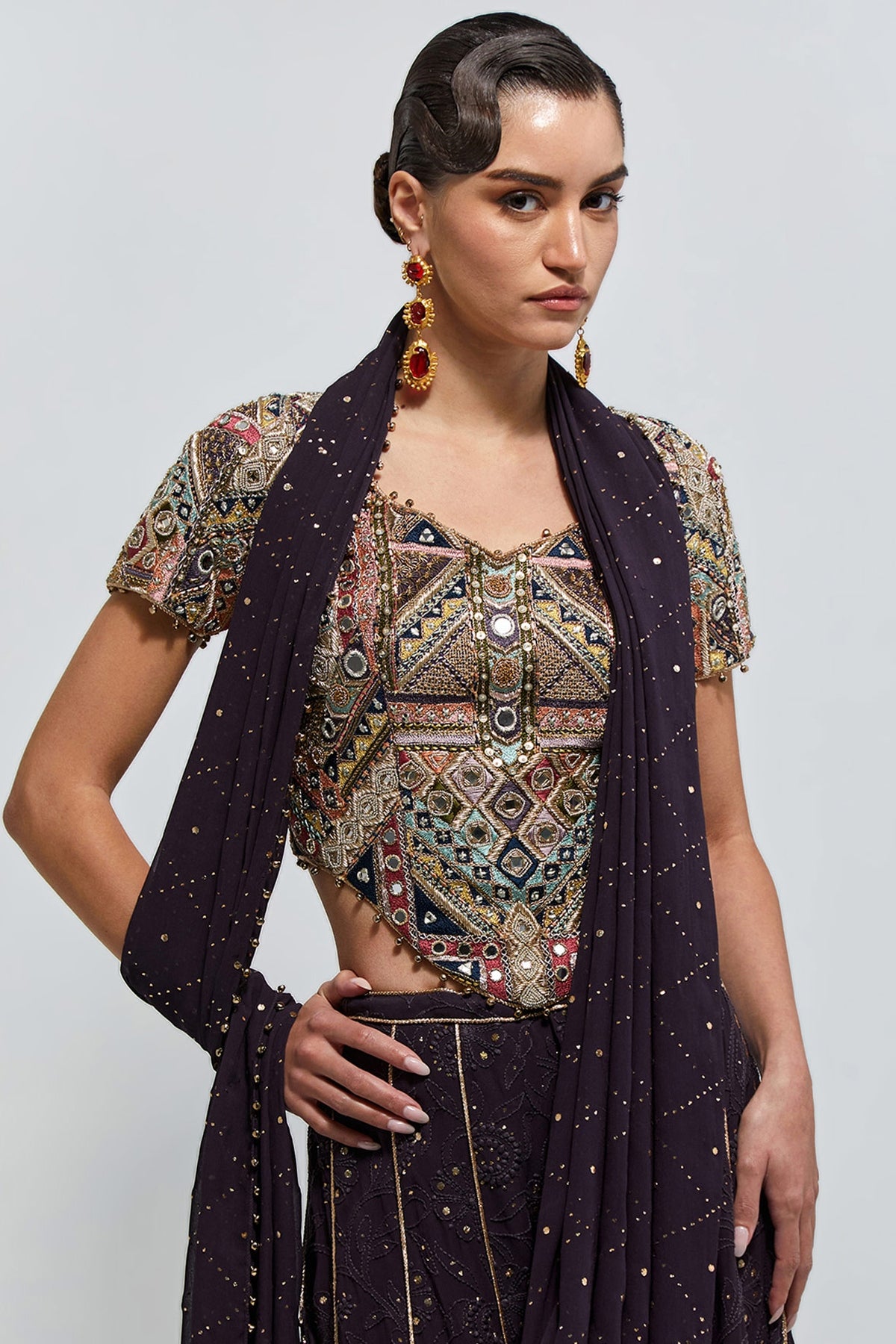 Azar Dark Purple Georgette Embroidered Choli And Sharara With Attached Pallu