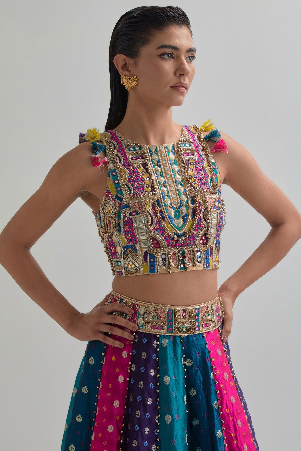 Resa Gold Tissue Embroidered Choli And Multi Colour Bandhani Lehengha