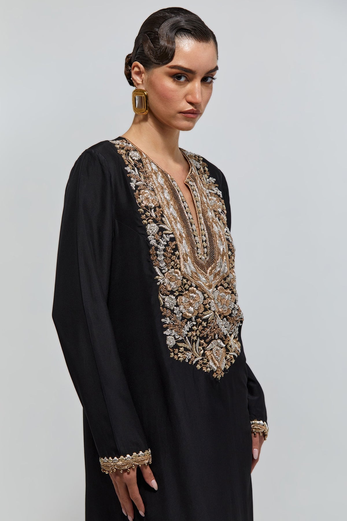 Nazra Black Abutai Silk Embroidered Yoke Beyza Kaftan