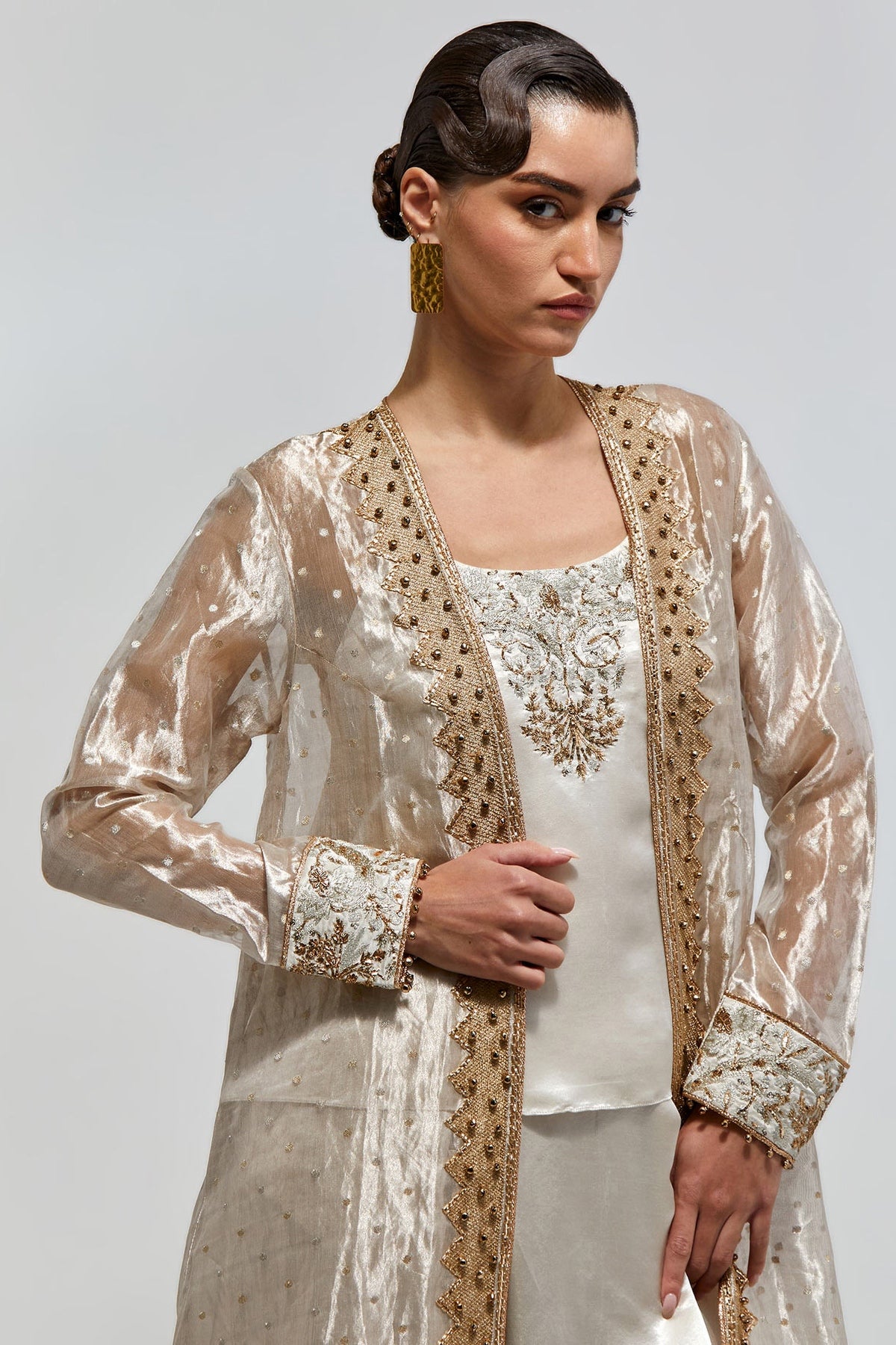 Haya Silver Butti Organza Embroidered Cape With Top And Low Crotch Pants