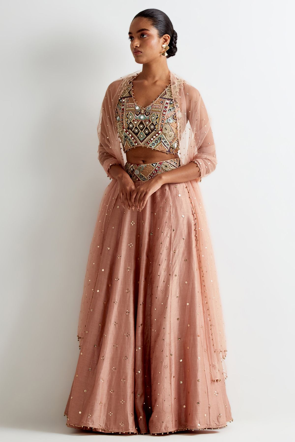 Mahnaz Peachy Pink Georgette Embroidered Choli With Lehenga And Mukaish Net Dupatta