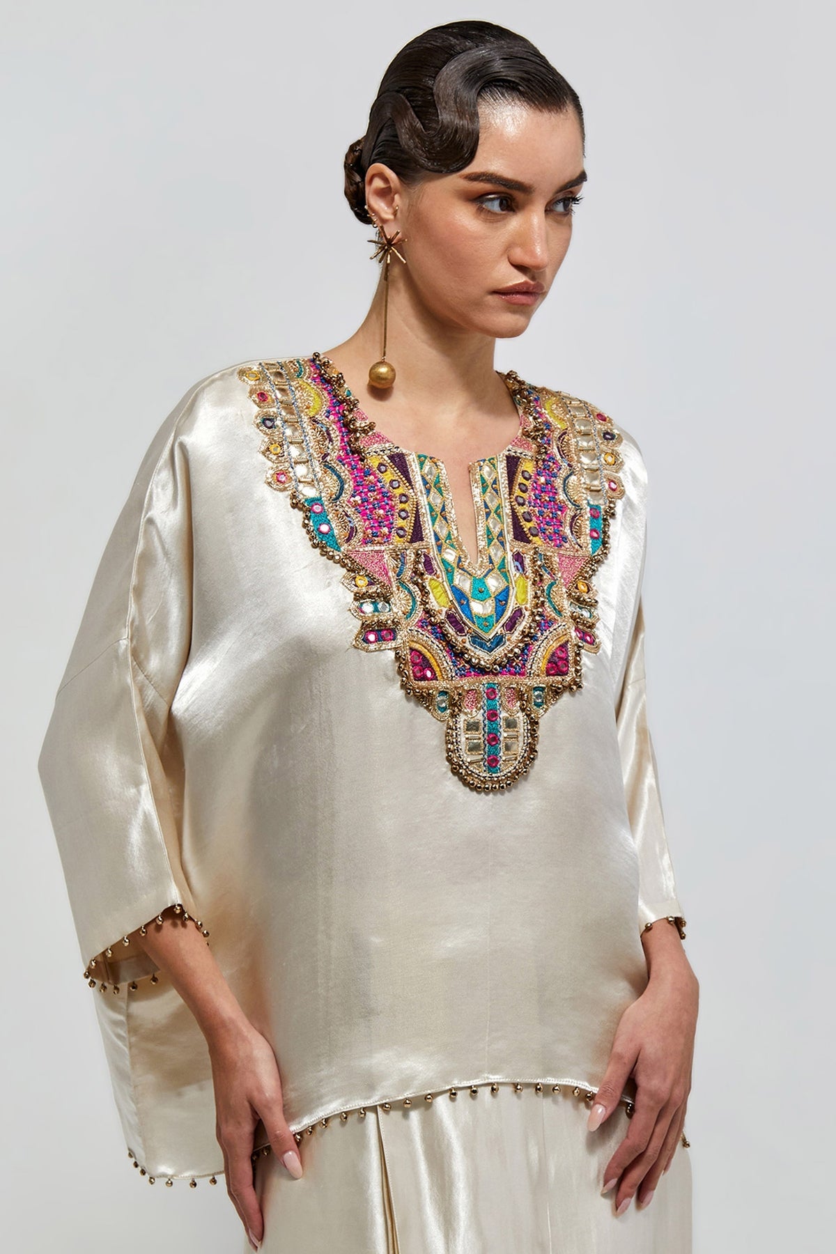 Taraz Champagne Satin Embroidered Yoke Top And Lungi Skirt