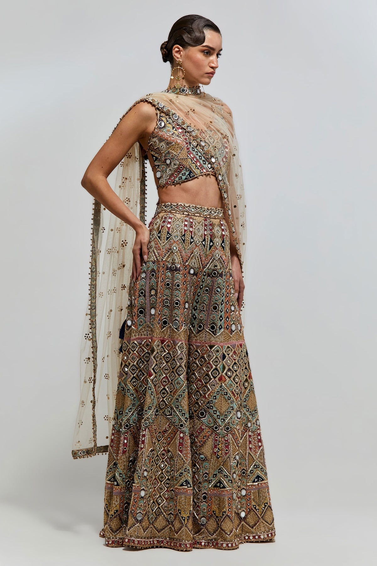 Fariha Champagne Georgette Embroidered Choli With Sharara And Mukaish Net Dupatta