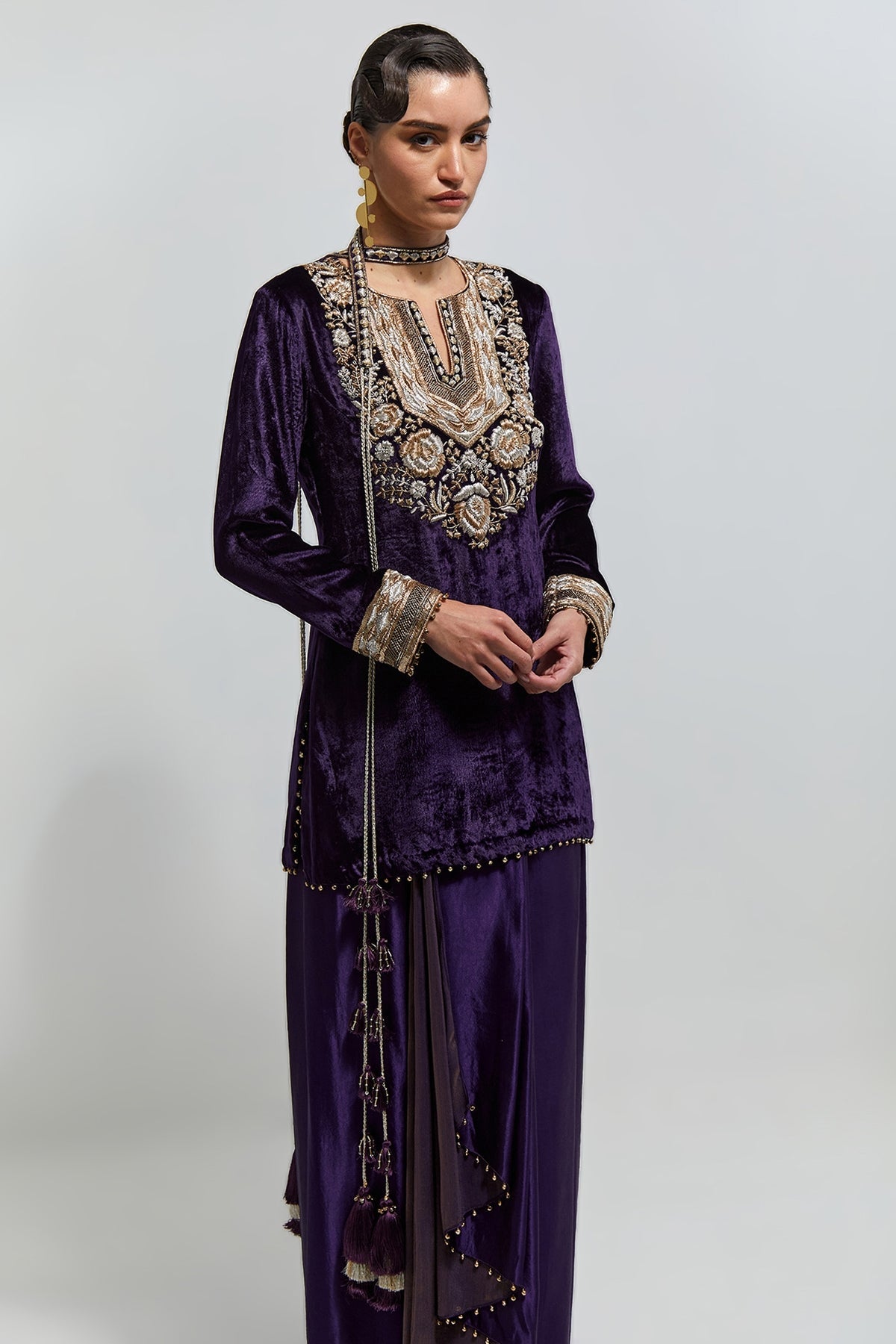 Zehra Purple Velvet Embroidered Yoke And Sleeves Kurta With Dhoti Skirt And Belt