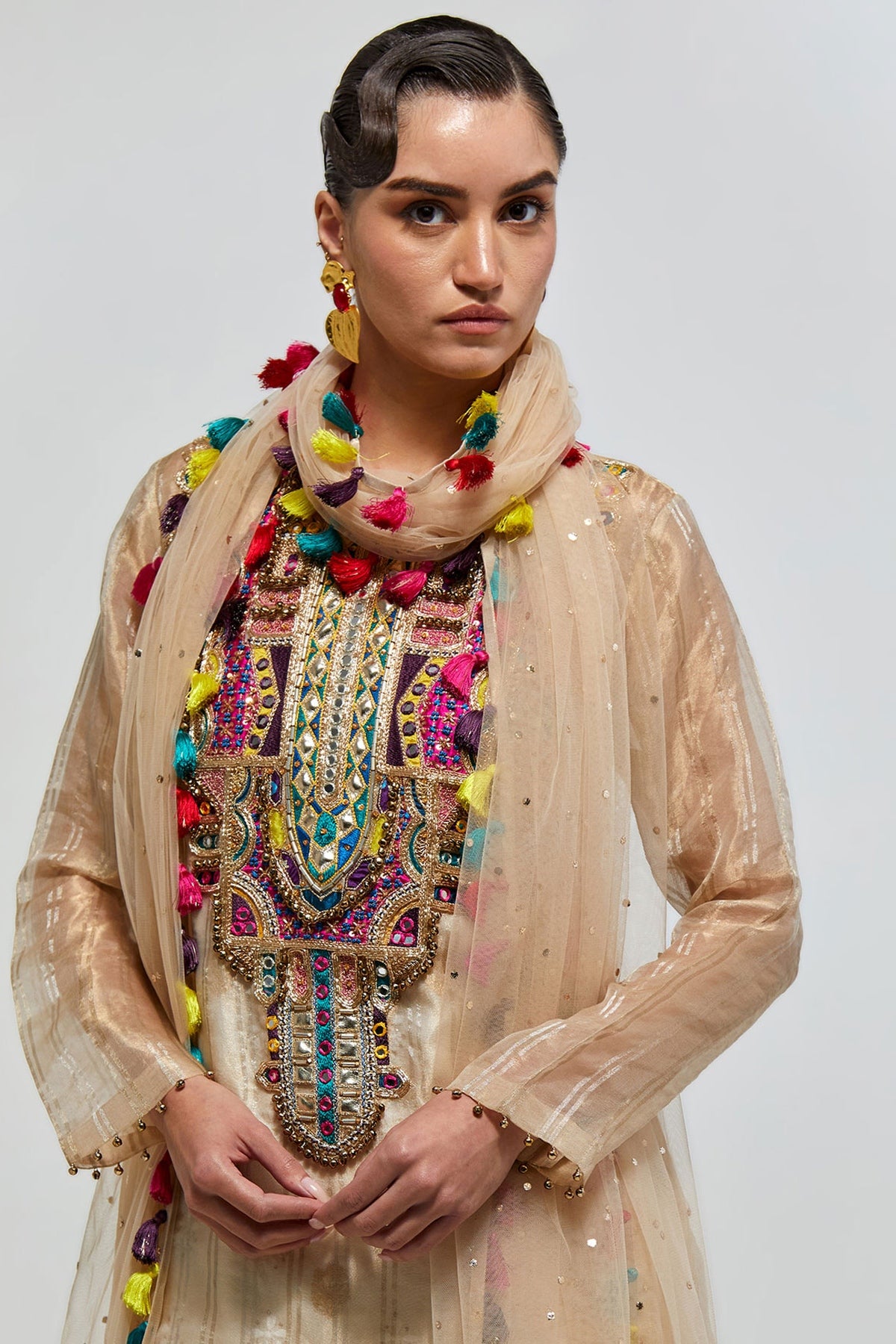 Zarif Gold Stripe Tissue Embroidered Yoke Kurta With Off-White Bustier With Palazzo And Mukaish Net Dupatta