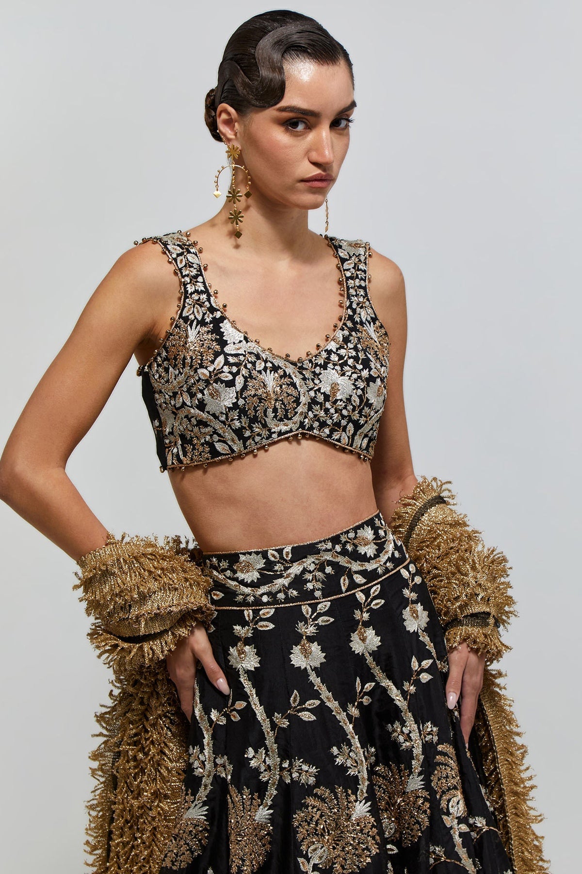 Saher Black Georgette Embroidered Tie Back Choli With Lehenga And Stone Net Laced Dupatta