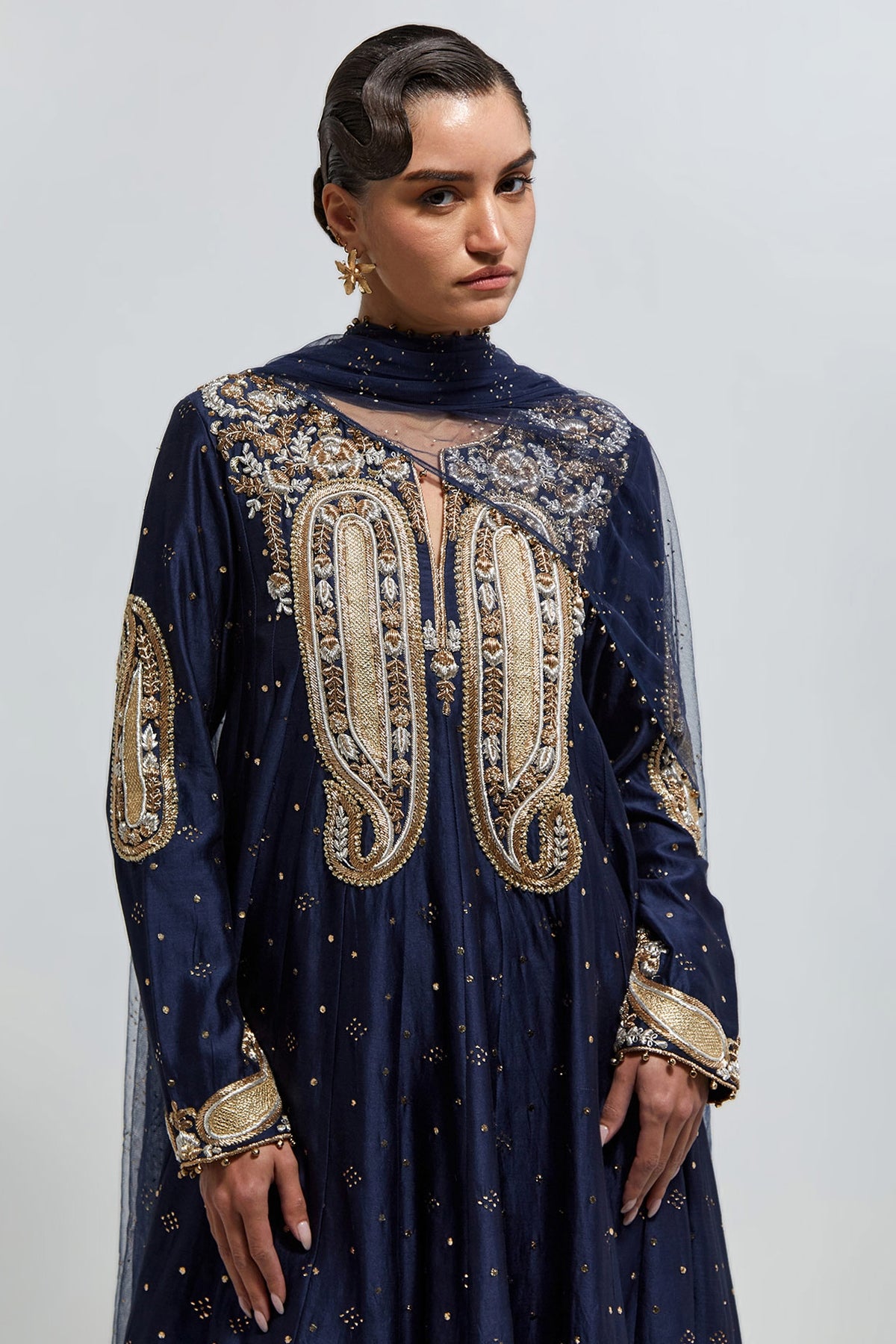 Zareen Navy Blue Mukaish Silkmul Embroidered Anarkali With Churidar And Mukaish Net Dupatta