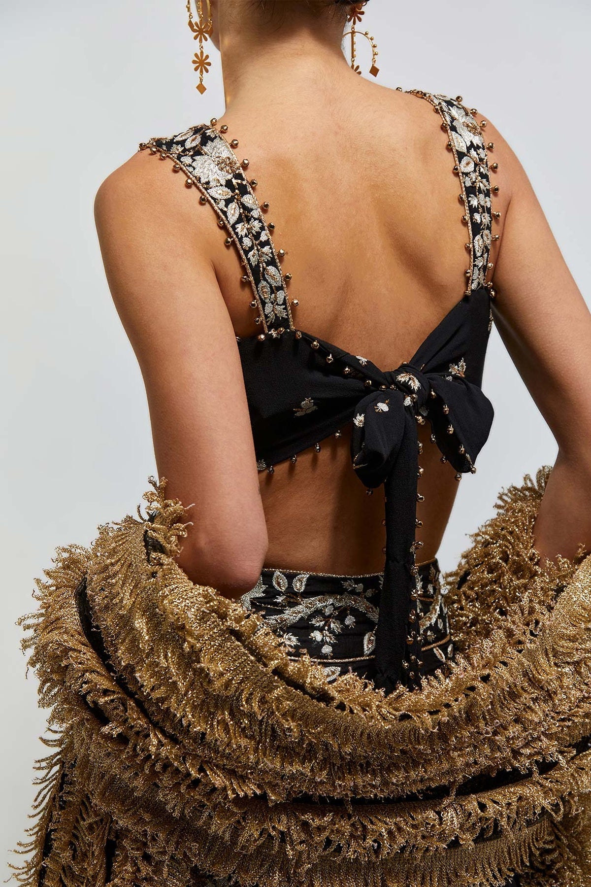 Saher Black Georgette Embroidered Tie Back Choli With Lehenga And Stone Net Laced Dupatta