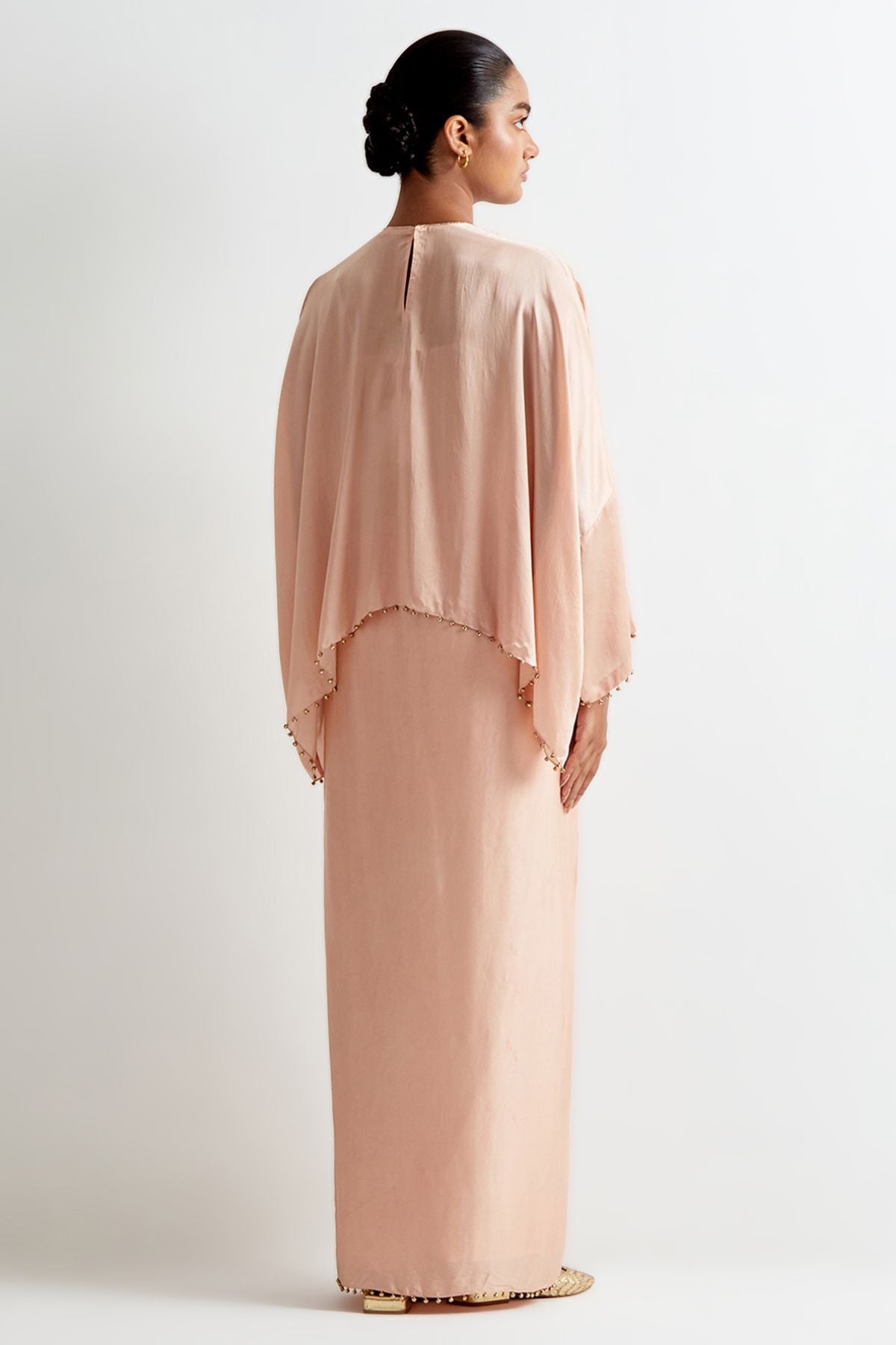 Blush Pink Satin Embroidered Yoke Kaftan Top And Lungi Skirt
