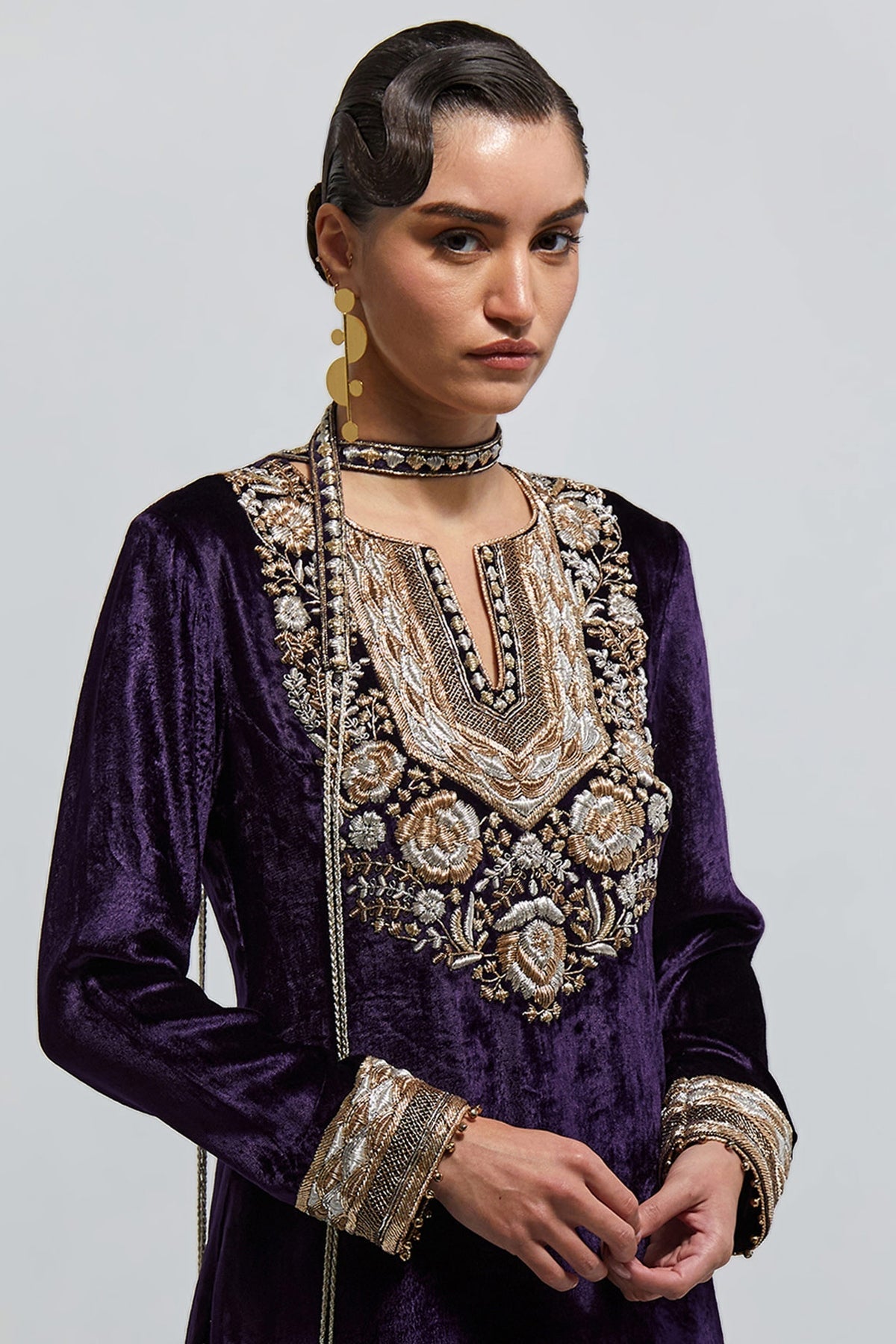 Zehra Purple Velvet Embroidered Yoke And Sleeves Kurta With Dhoti Skirt And Belt