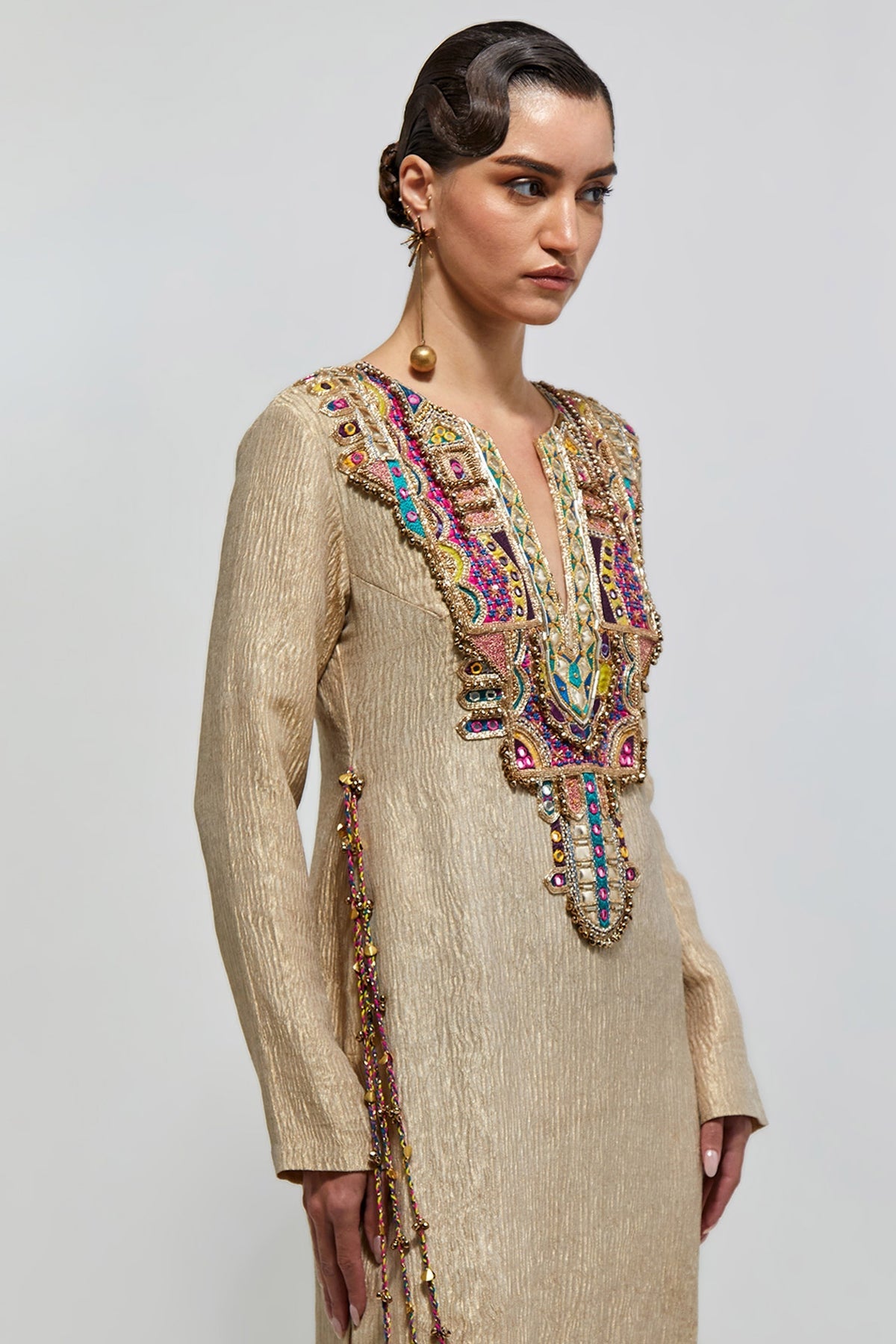Nouriya Gold Crushed Tissue Embroidered Yoke Beyza Kaftan