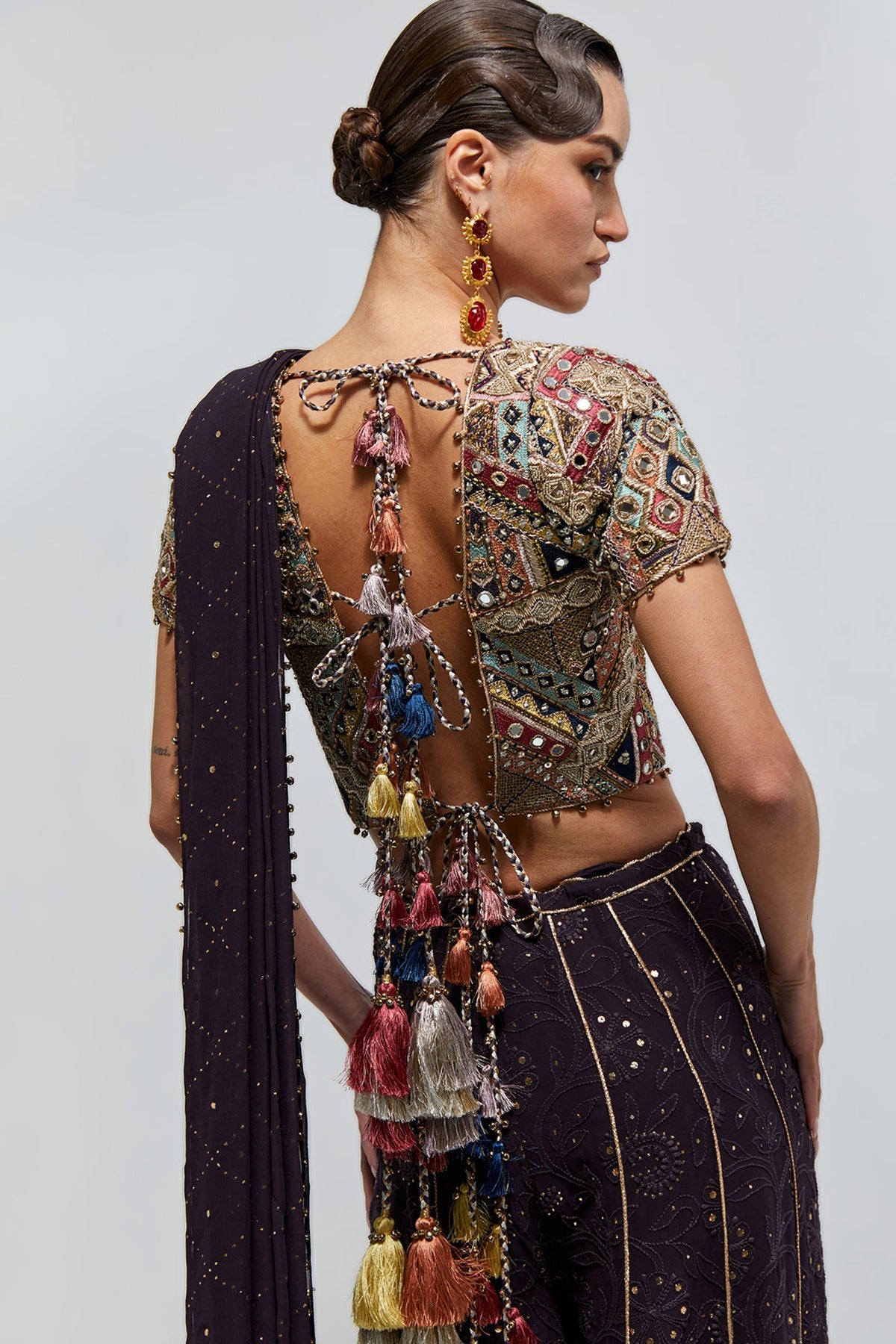 Azar Dark Purple Georgette Embroidered Choli And Sharara With Attached Pallu