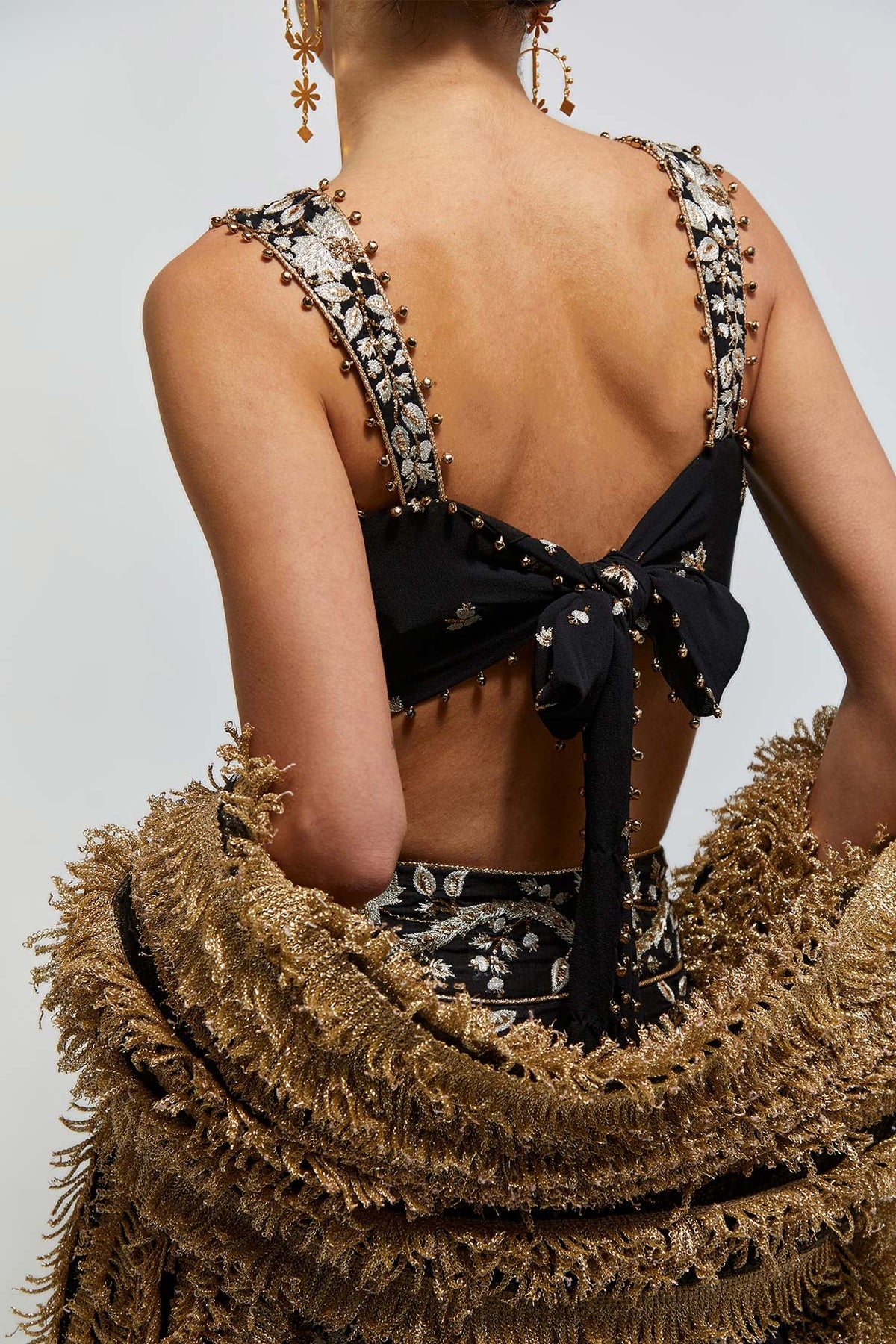 Saher Black Georgette Embroidered Tie Back Choli With Lehenga And Stone Net Laced Dupatta