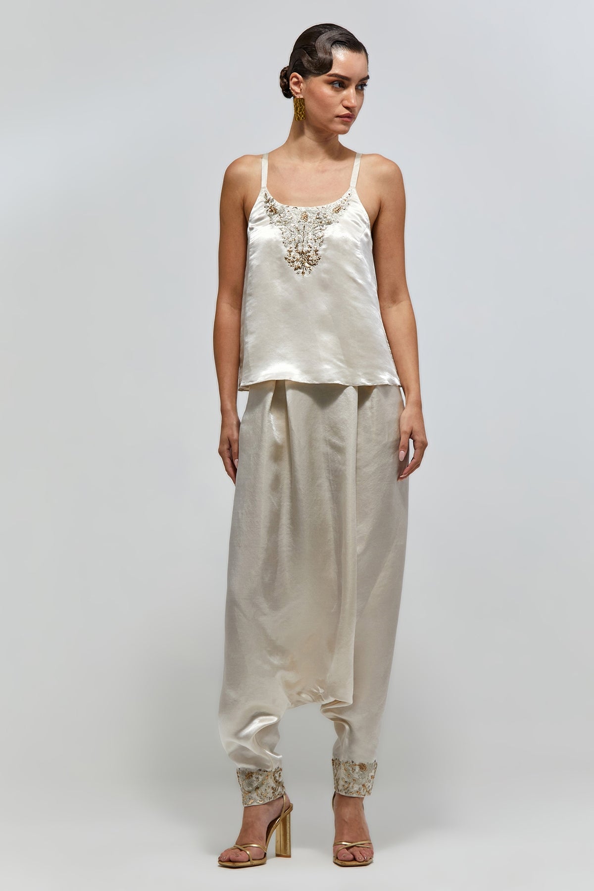 Haya Silver Butti Organza Embroidered Cape With Top And Low Crotch Pants