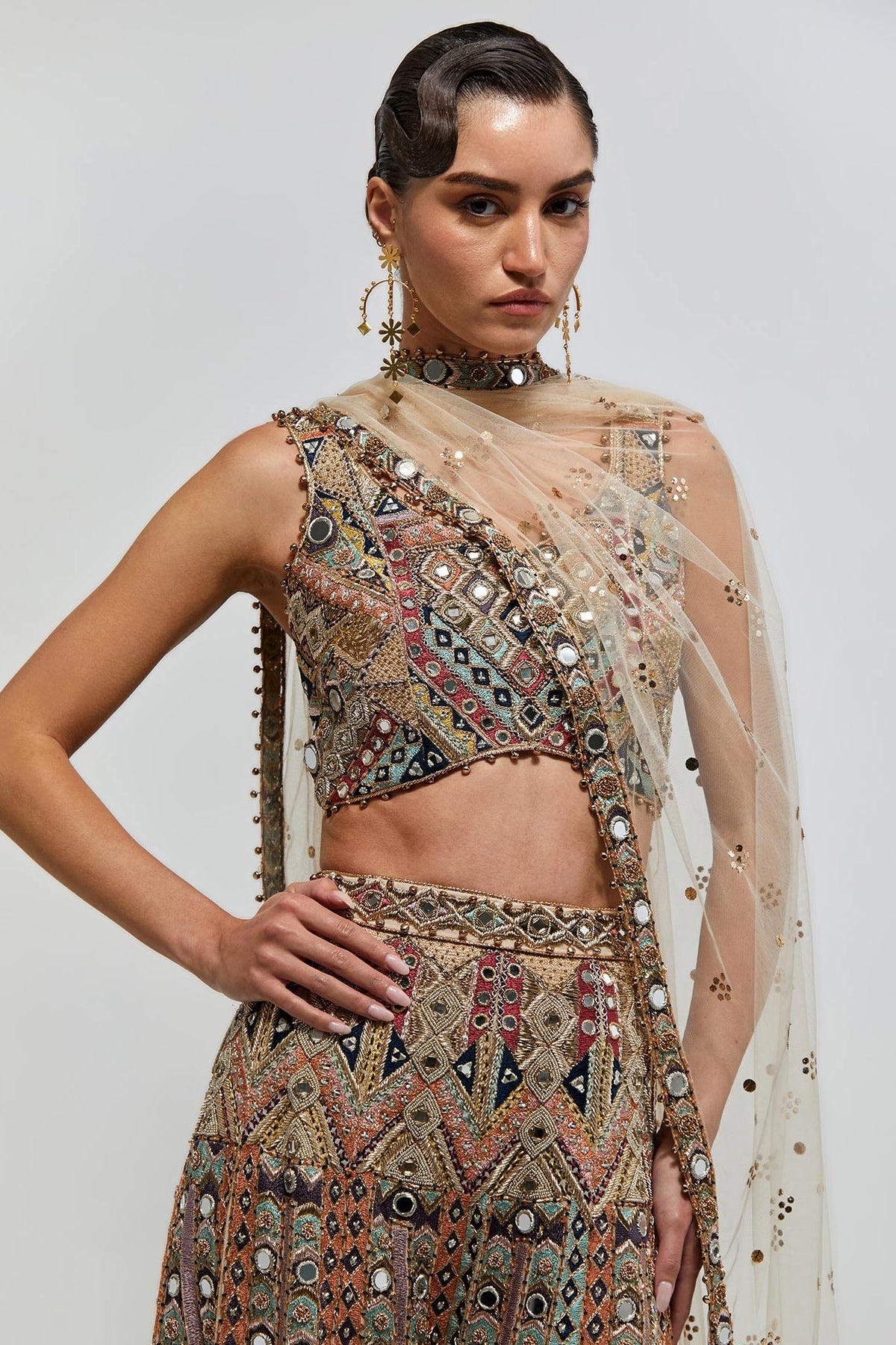 Fariha Champagne Georgette Embroidered Choli With Sharara And Mukaish Net Dupatta