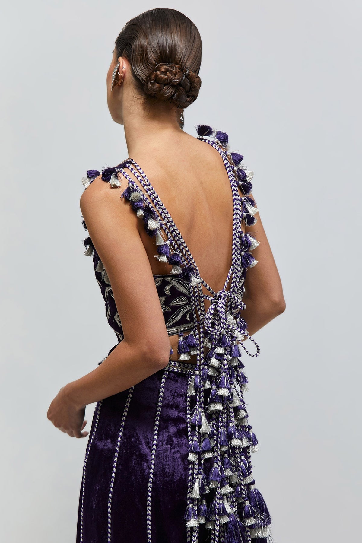 Zayn Purple Velvet Quilted Half Back Covered Embroidered Choli And Sharara